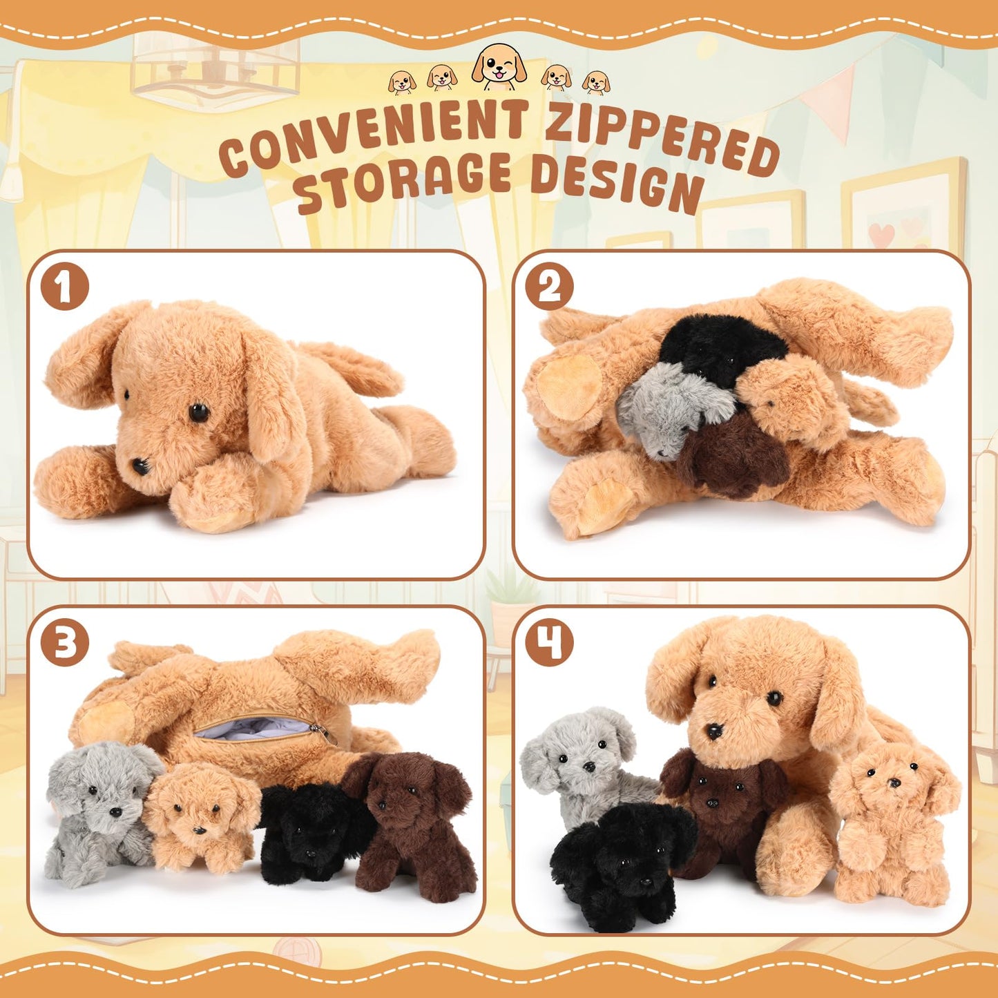 Skylety 5 Pcs Dog Stuffed Animal Puppy Stuffed with Babies Inside 1 Big Mommy with 4 Mini Baby Cute Soft Toy for Children Birthday Party Adopt a Puppy Favor(Lying Labrador)