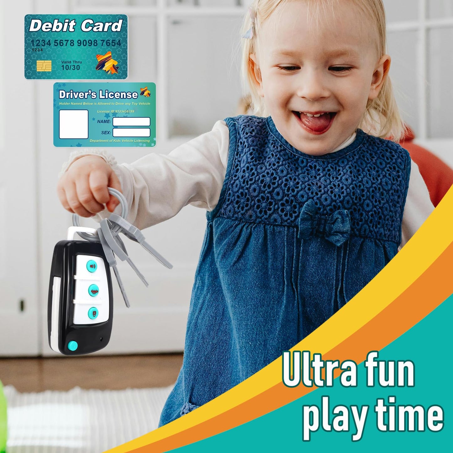 Car Key Playset, Remote Car Key Toy with Light and Sounds, Pretend Play Keys with Cards for Boys and Girls, Travel Toys for Toddlers, Babies (Black)