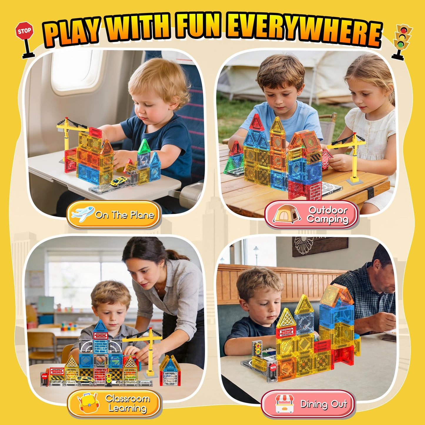 Magnetic Tiles - Construction Toys, Road Set Outdoor Travel Toys with Magnetic Crane & Car for Boys Age 3-5 4-8 8-10, Mini Magnet Building Blocks with Crane, Road, Traffic Lights, STEM Sensory Gifts