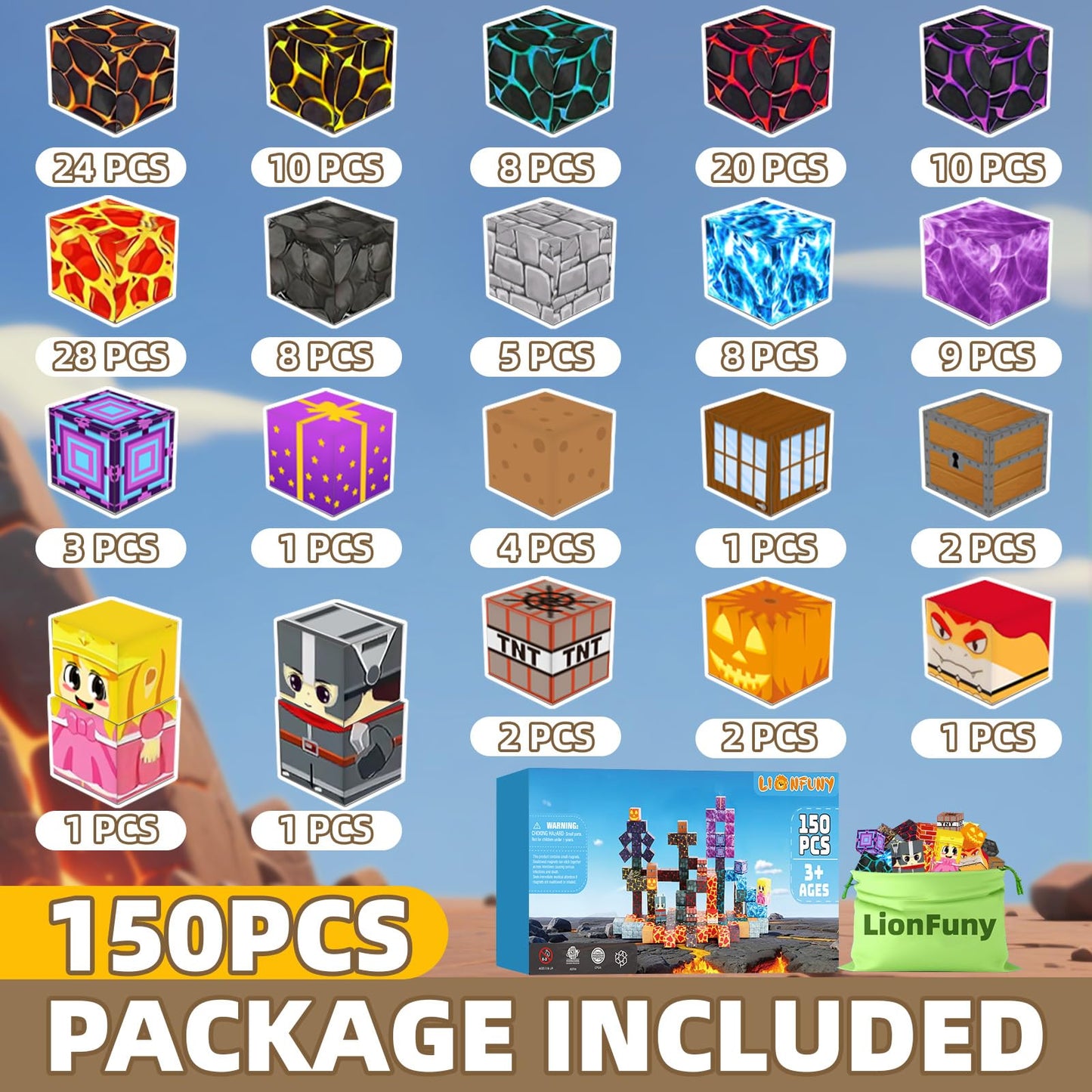 LionFuny150PCS Magnetic Blocks, Magnetic Building Blocks, Magnet Blocks for Kids Age 3-5 4-8 8-12, STEM Sensory Educational Magnet Stacking Toys Boys Girls Gifts