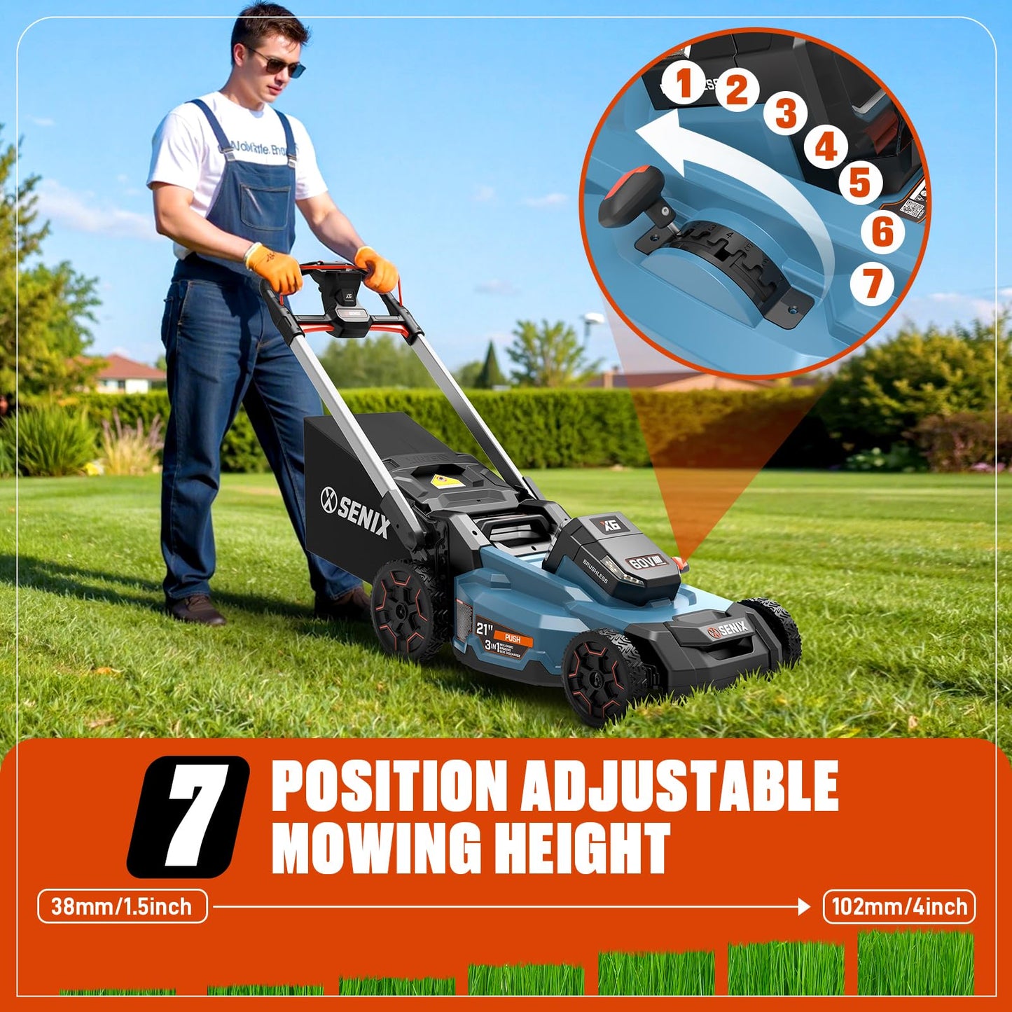 SENIX X6 60 Volt Max* 21-Inch 3-in-1 Cordless Push Lawn Mower, with Bagging, Mulching, and Side Discharge, Height Adjustment, Smart Display, 6Ah Lithium-ion Battery & Charger Included (LPPX6-H)
