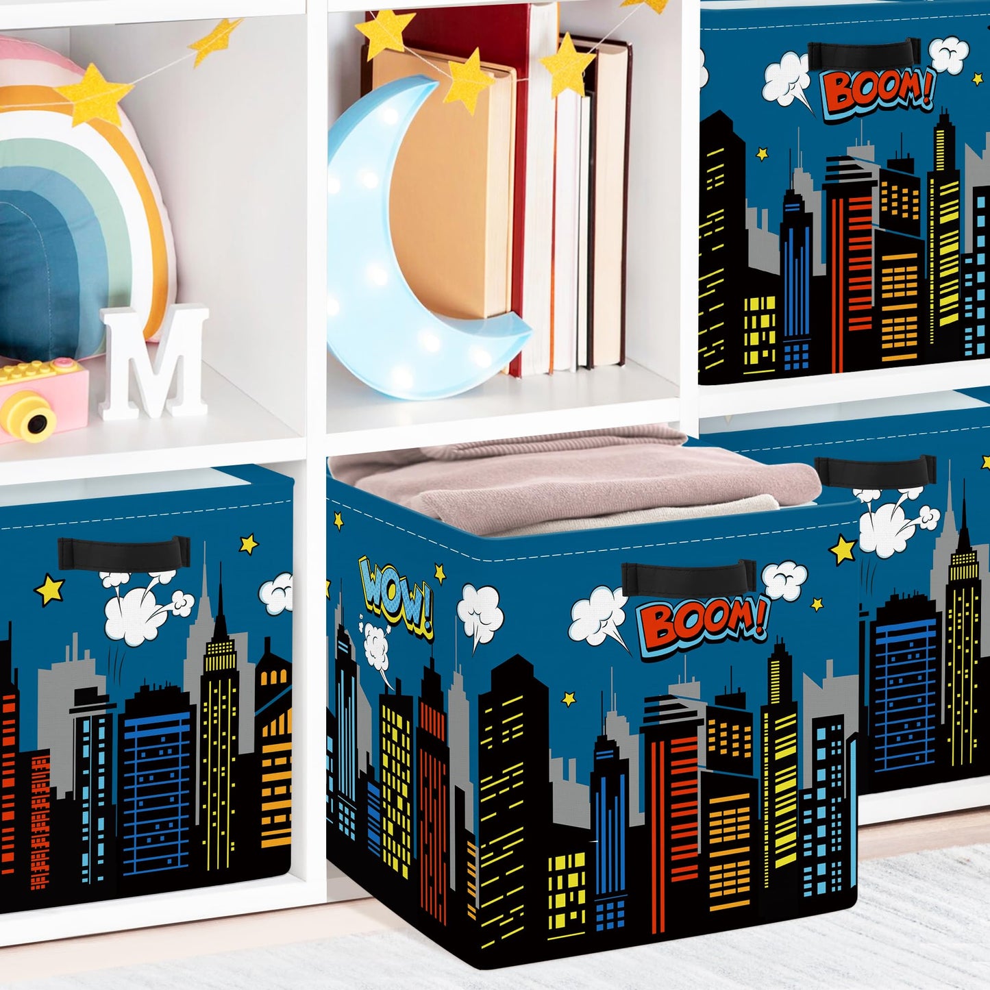 Clastyle Cityscape Hero Kid Storage Cube Organizer Set Skyline Building Silhouette Closet Clothes Cube Storage Bin Nursery Toddler Toy Box Chest Girl Boy Book Shelf Basket,Comic,11.8x11.8x11.8 in