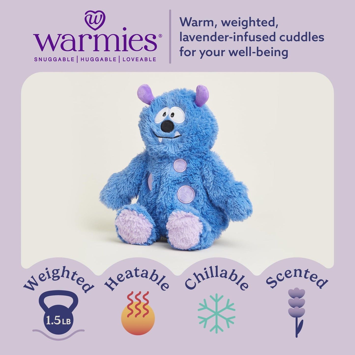 warmies Microwavable & Weighted Stuffed Animals, Blue Monster - Heat & Chill Therapy Animal Heating Pad - Hugging Comfort Weighted Plushies for Adults & Children (Boys, Girls, Babies & Toddlers)