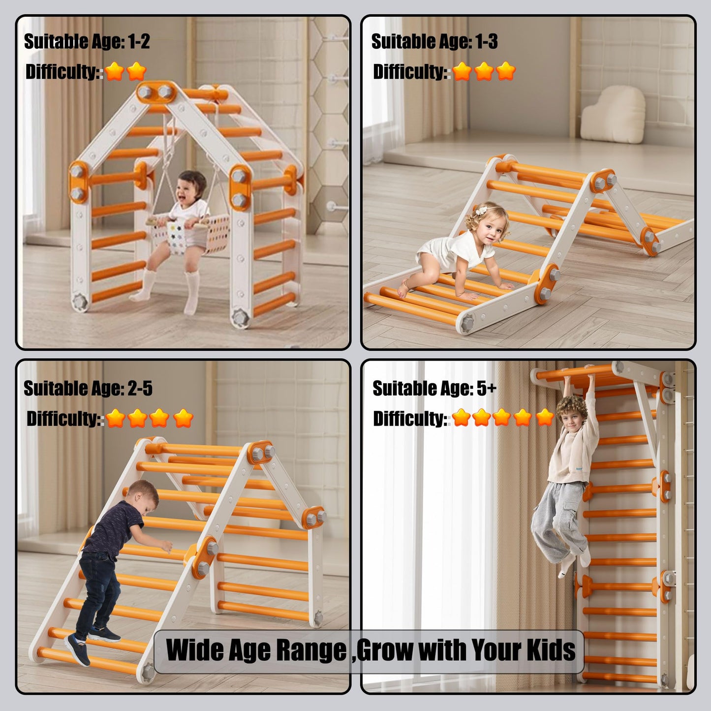 HTWELL Toddler Climbing Toys,Kids Pikler Triangle Set,Montessori Indoor Play Gym,Multifunction Foldable Indoor Climbing Gym for Kids(Orange)
