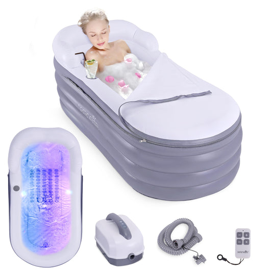 SereneLife Spa Bathtub with Bubble Massage Mat – Inflatable Bathtub with Pillow, Cup Holder, Remote Control for LED Lighting, Backrest and Armrests, Supporting Up To 190 lbs. 66" x 30" x 26"