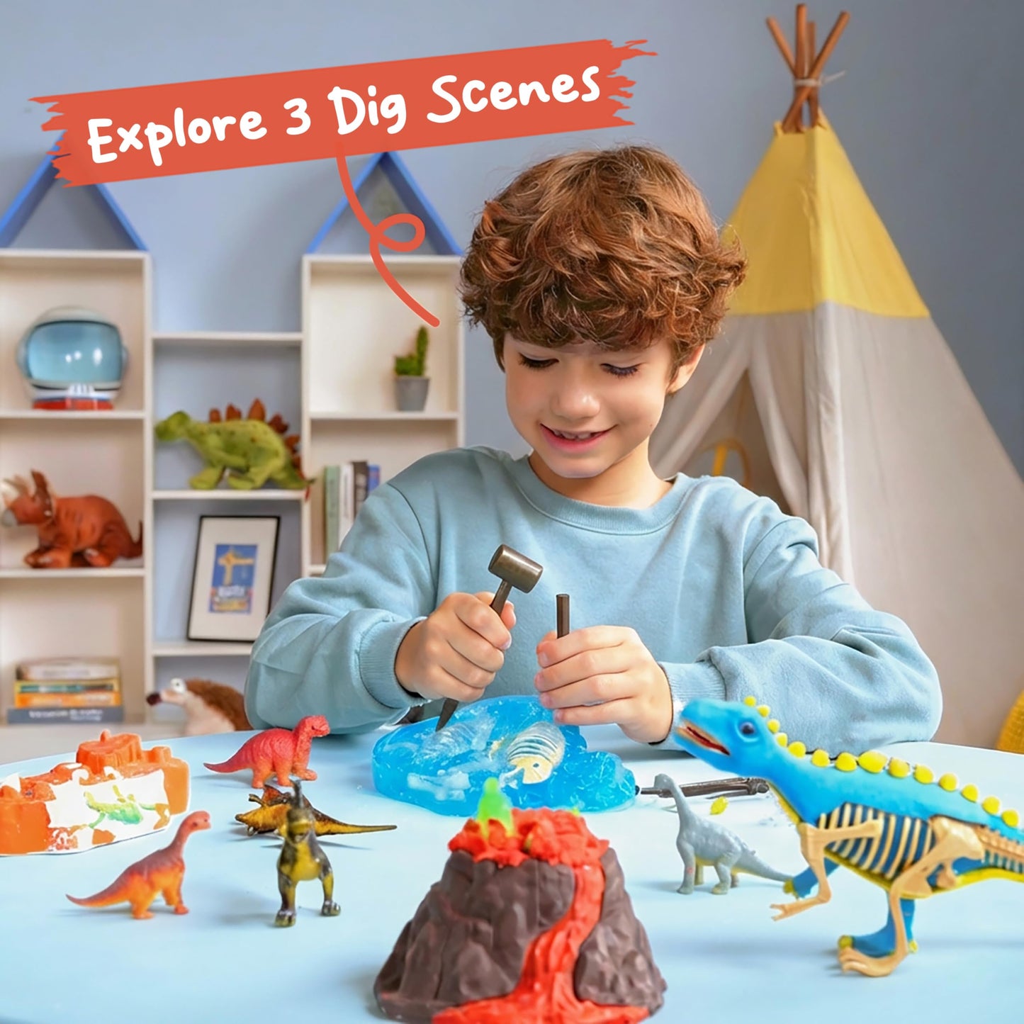 JOVA Klever Kits 3-in-1 Dinosaur Fossil Digging Kit STEM Learning Toys with Glow in The Dark Dinosaurs and Sensory Play Sand, DIY Your Own Dinosaur with 5 Color Clay, Gift for Kids Aged 6+