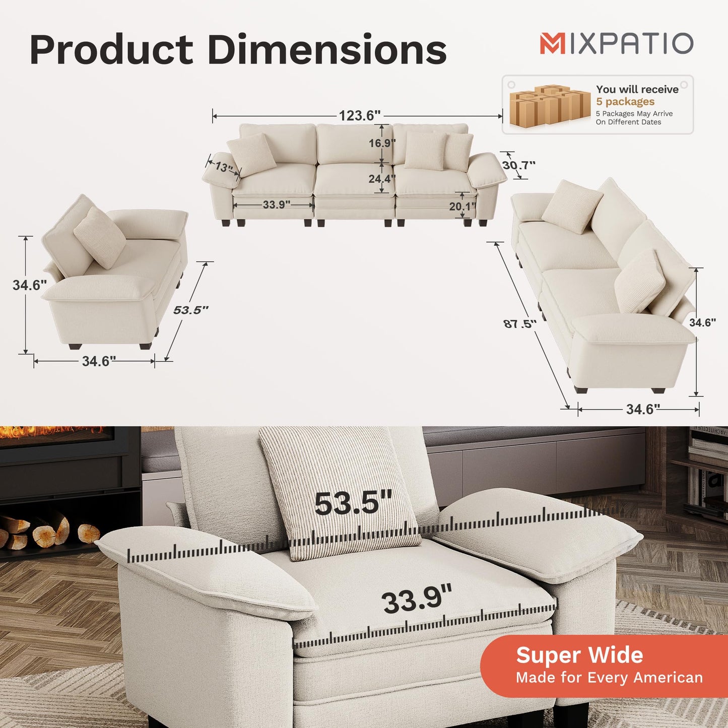 MIXPATIO U-Shaped Cloud Modular Sofa Set, Deep Seat 3-Piece 6-Seater Sectional Couch & Removable Arms, Plush Chenille for Living Room - Beige