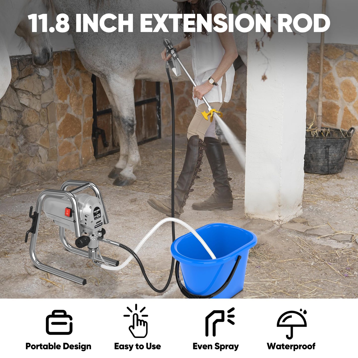 POXURIO 1200W Airless Paint Sprayer, 3300PSI High Efficiency Paint Sprayer Gun, Thinning-Free, with Extension Rod, Stand Airless Sprayer for Home Exterior and Interior, Garage, Deck, Furniture