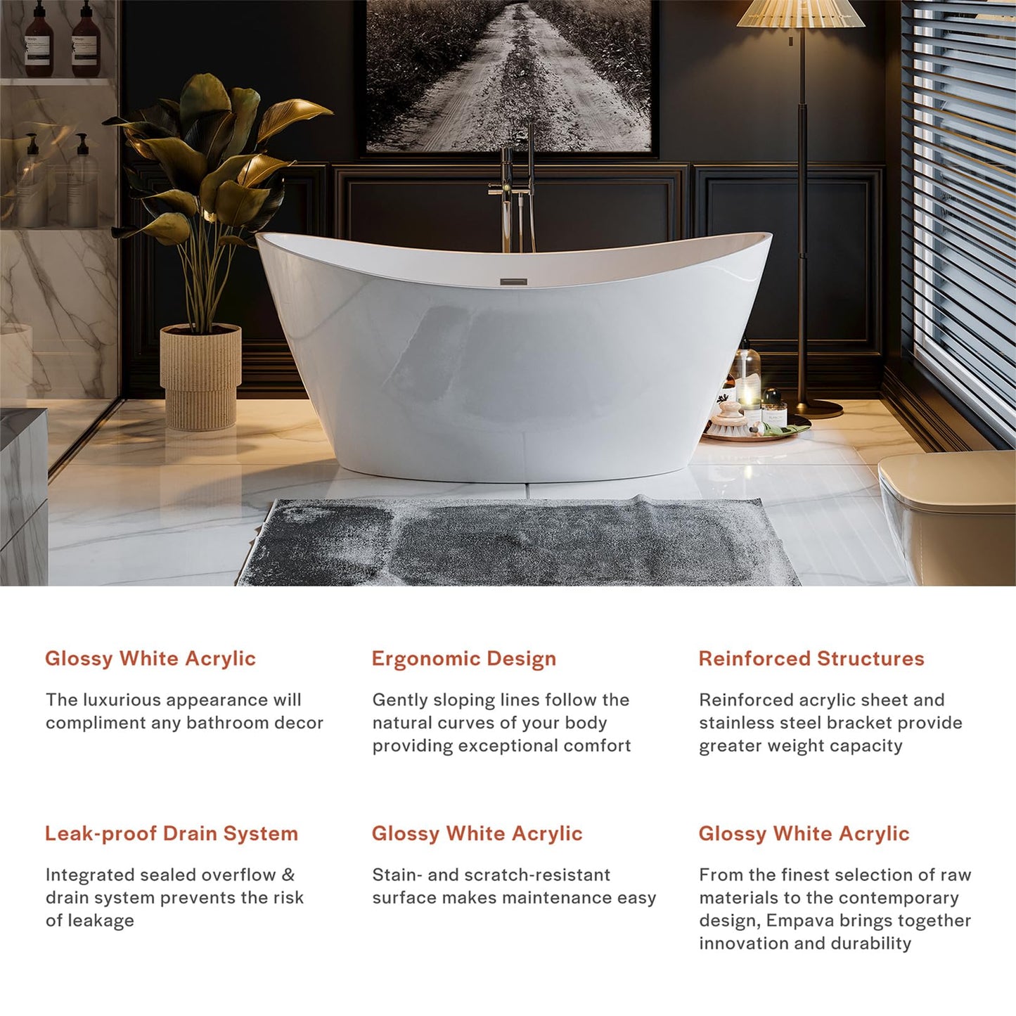Empava 67 Inch Freestanding Bathtub, Oval Deep Soak Acrylic Tub with Anti-Slip Bottom for Bathroom, Luxurious SPA Experience at Home (Drain & Overflow Included)
