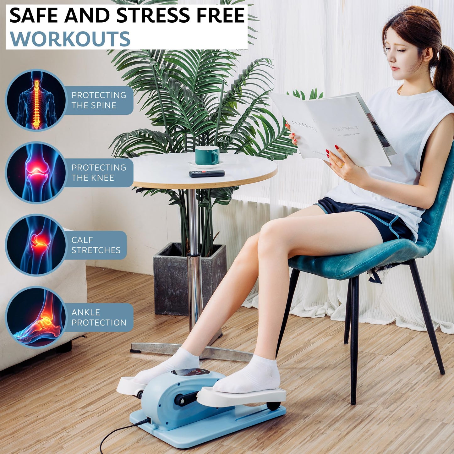 Under Desk Elliptical Exercise Machine, Electric Leg Exerciser with 12 Speeds, Forward & Reverse Modes,Quiet Compact Seated Pedal Stepper Machine with Remote Control for Seniors & Adults (Blue)