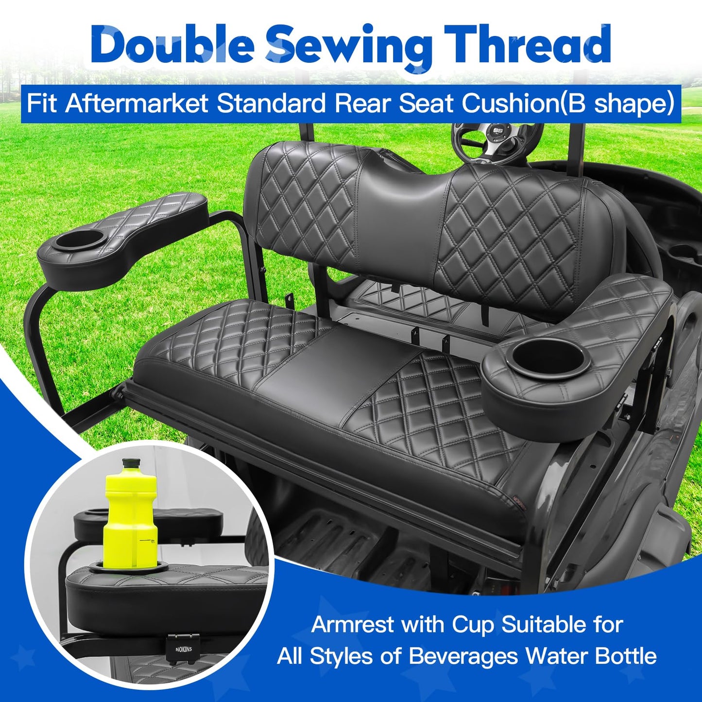 NOKINS Golf Cart Seat Covers for Club Car DS 2000.5-Up,Vinyl Front&Rear Seat Cover with Flip-Up Armrests kit,with Cup Holder, for 1" Square Tube(Black&Black Stitching)