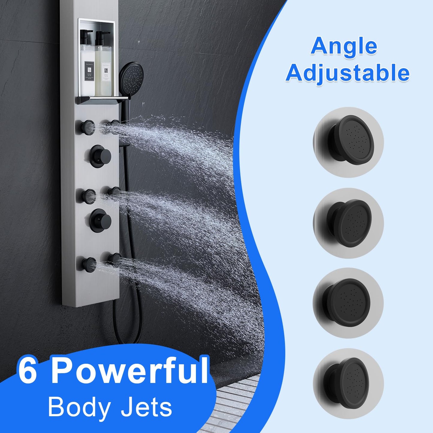 POPFLY Shower Panels System with 8-inch Rainfall Shower and Shelf, Shower Tower with Adjustable Head, 6 Body Jets and 5-Setting Handheld Shower, Brushed Nickel, Stainless Steel