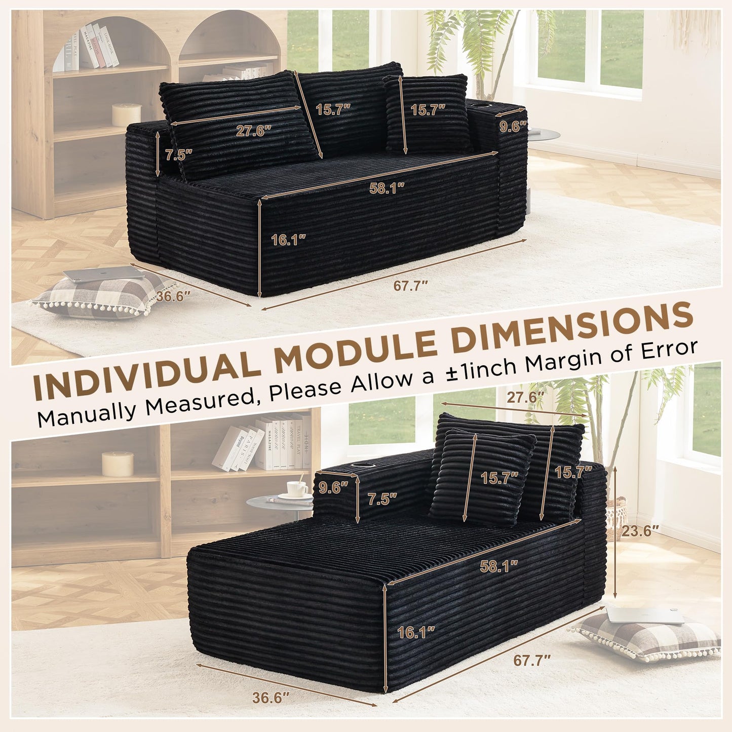Fahomiss Modular Compressed Sectional Sofa Set – Velvet Corduroy Upholstery, Convertible Couch with Cup Holders and Pillows for Living Room, Black