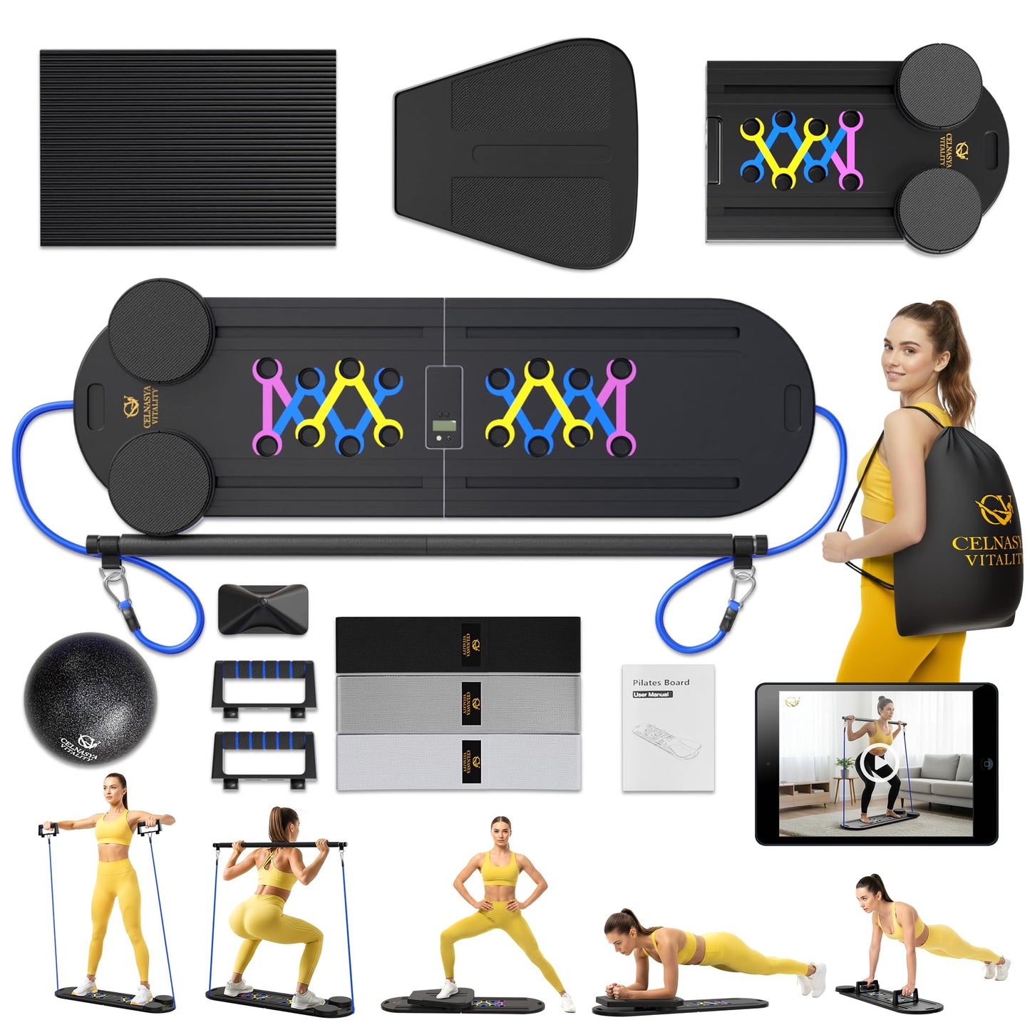Pilates Reformer Board, 7-in-1 Foldable Pilates Board Kit with Timer, Guided Home Workouts w Resistance Bands & Ball - At Home Pilate Reformer AB Core Machine, Exercise Fitness Slider Equipment