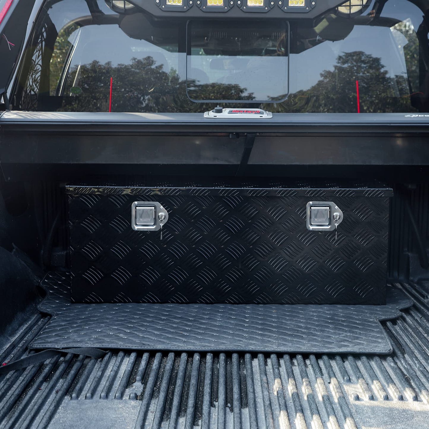 Eivojor Aluminum Stripes Plated Truck Tool Box Pick Up Truck Bed RV Trailer Toolbox Storage Organizer with Side Handles, Lock and Keys - 48" x 19.5" x 17.5",Black