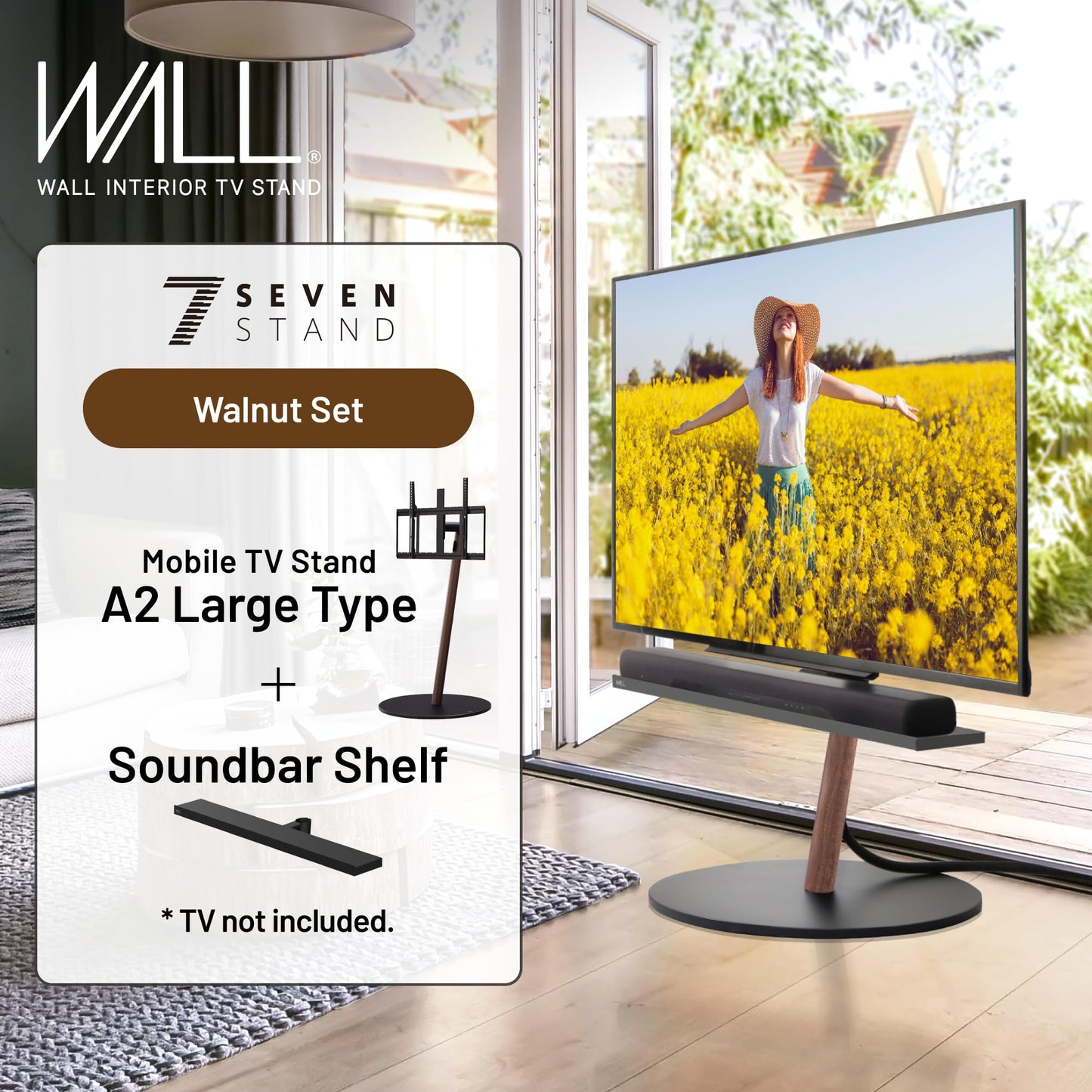 WALL Seven Stand A2 Large | Rolling TV Stand for 45–80" w/ 37.4" Soundbar Shelf | Walnut | Portable TV Stand with Shelf | Height Adjustable, Space Saving, for Living Room and Bedroom
