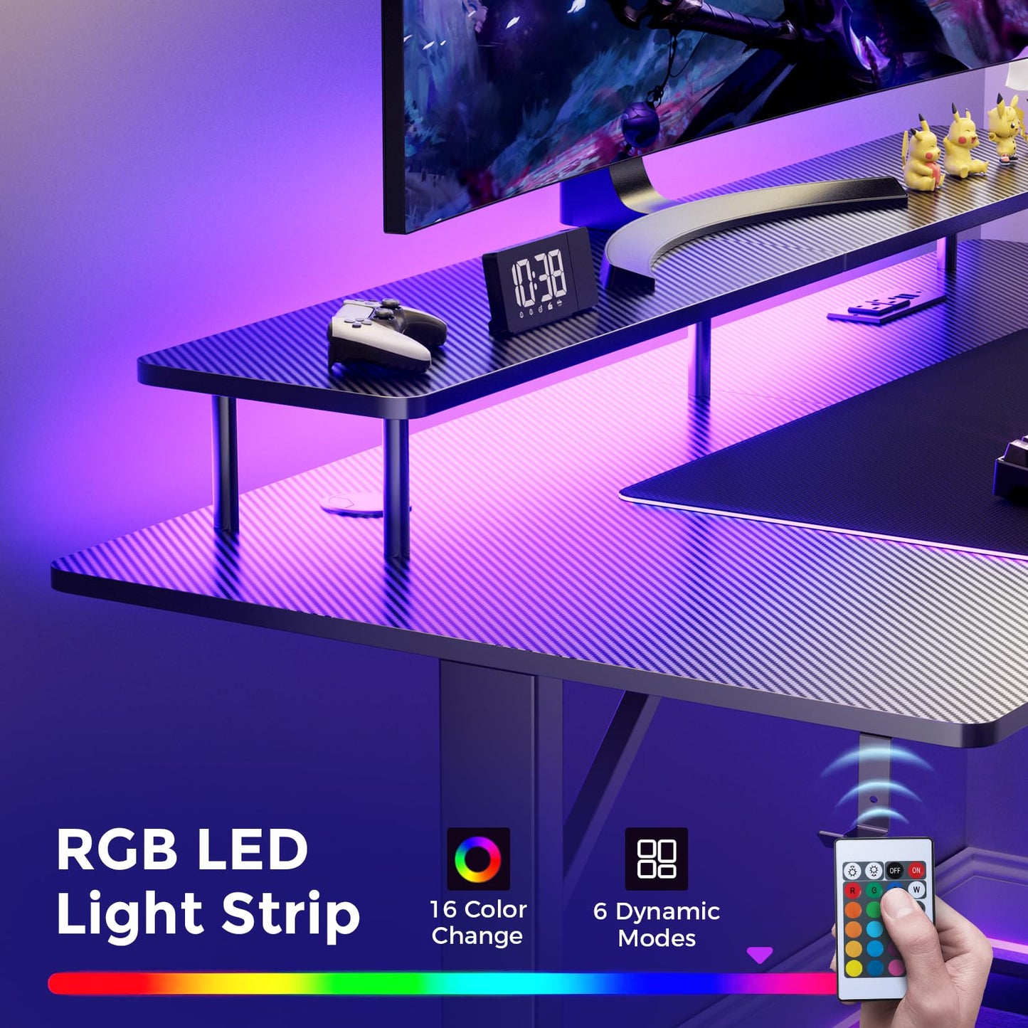 GTPLAYER 55 Inch Gaming Desk with LED Lights & Power Outlet, Computer Gamer Desk with Monitor Stand, Ergonomic Carbon Fiber Gaming Table Home Office Desk with Headphone Hook & Mouse Pad