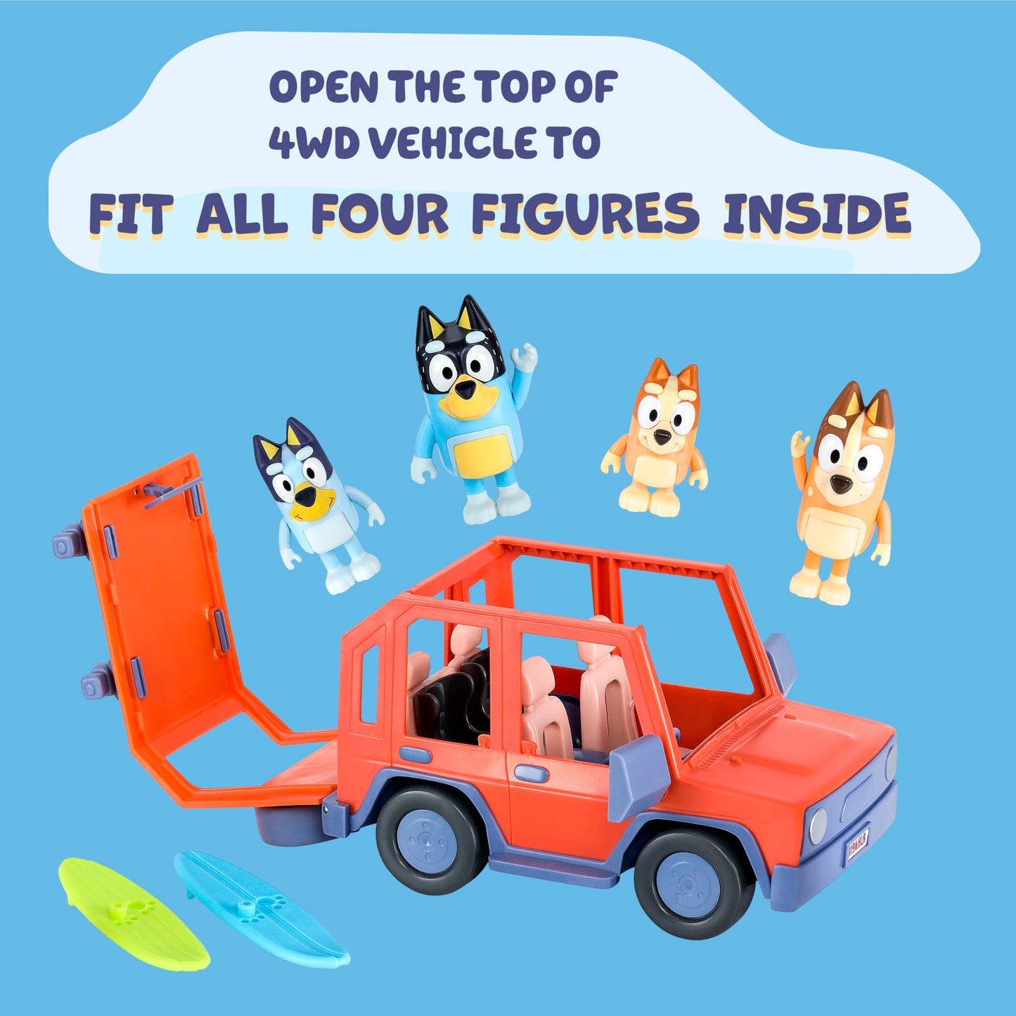 Bluey Heeler 4WD Family Toddler Toy Car with 4 Figures, Surfboards and Sticker Sheet, Pretend Play, Bluey Toys for Kids Ages 3+, Amazon Exclusive