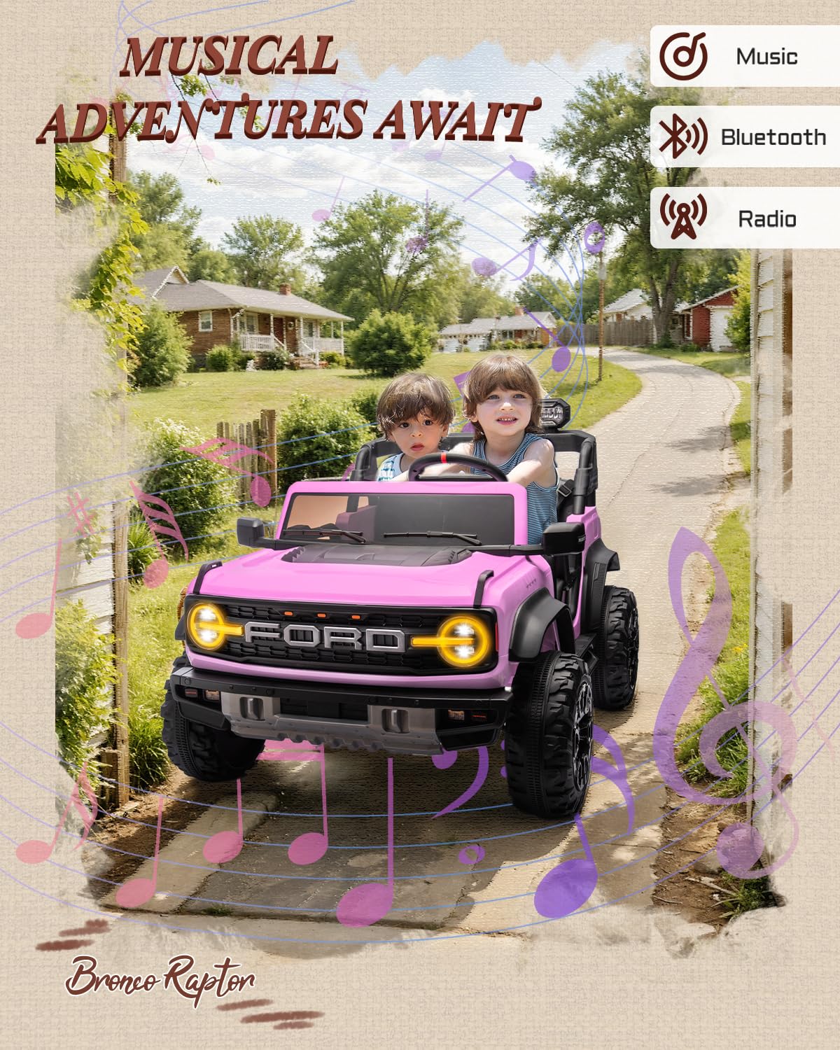 First Ride On 24V Ride on Toys for Big Kids, Licensed Ford Bronco Raptor 2 Seater Ride on Cars with Remote Control, Ride on Truck w/ 4-Wheeler Suspension, 3 Speeds, Led Lights, Bluetooth (24V, Pink)