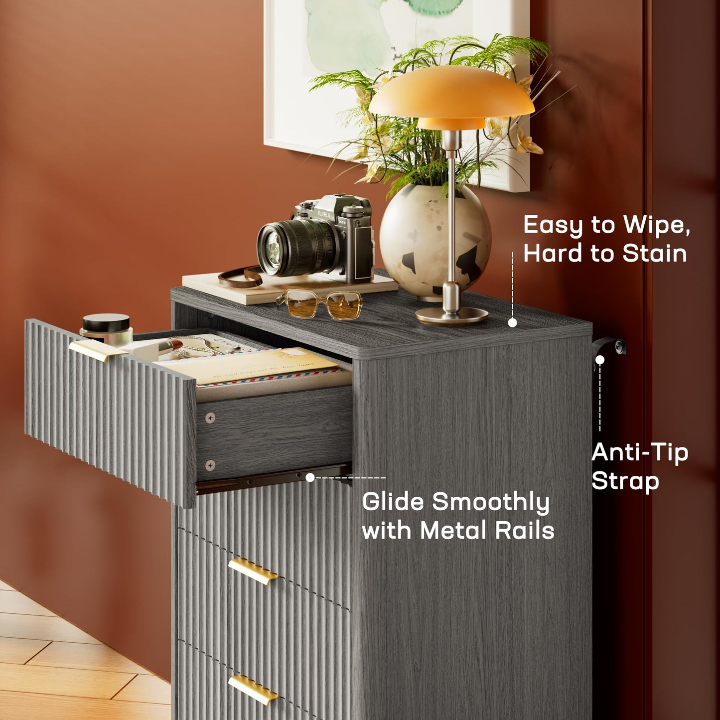 Marsail 5 Drawer Tall Wooden Dresser with Smooth-Glide Drawers, Modern Storage Solution for Bedrooms and Hallway, Featuring Large Capacity and an Elegant Natural Wood Finish, Light Grey