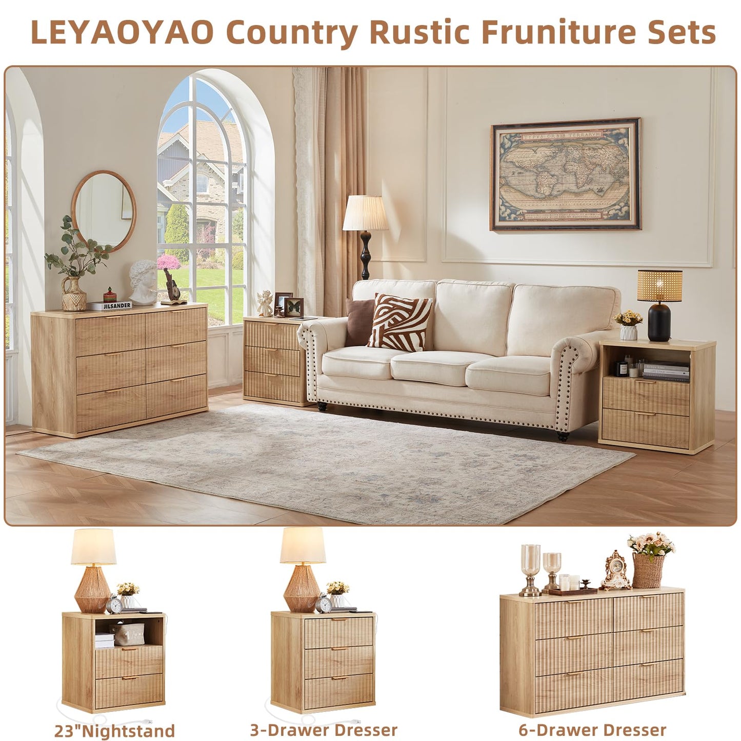 LEYAOYAO Fluted Farmhouse Nightstand Set of 2 with Charging Station, 23" Wide 2 Drawers End Table,Natural Dresser for Bedroom,Bed Side Table Chest of Drawers Cabinet,Wood Night Stand for Living Room