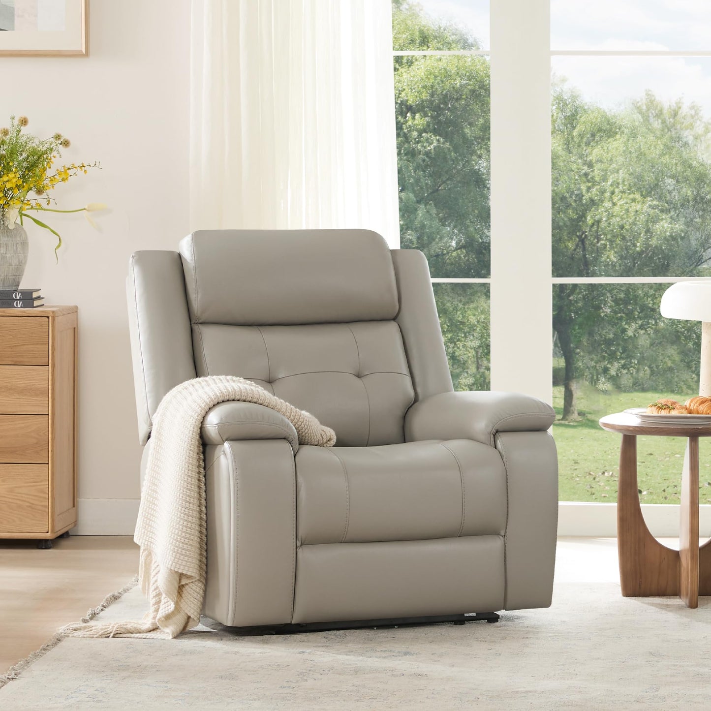 Watson & Whitely Genuine Leather Power Recliner Chair for Adults, Wall Hugger Recliner with Power Headrest, Cup Holders & Charging Ports, Electric Reclining Chairs for Living Room, RV, Grey