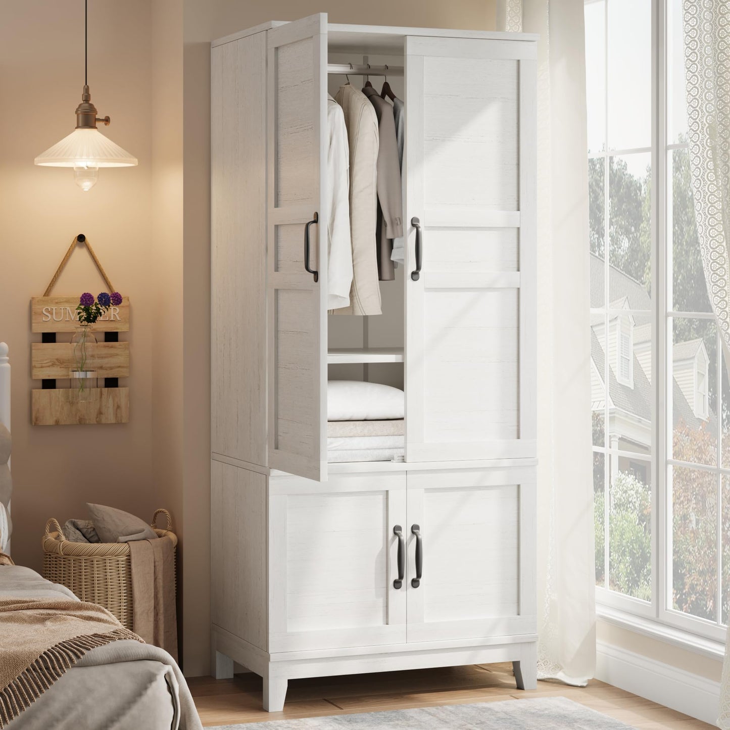 GarveeHome Armoire Wardrobe Closet with 4 Doors,72 in Wooden Wardrobe Cabinet with Hanging Rod, Freestanding Tall Clothing Armoire Storage Cabinet with Adjustable Shelves for Bedroom, Retro White