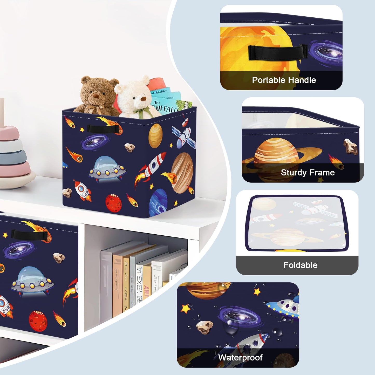 Clastyle 3 pcs Cosmic Space Cube Storage Unit Boxes Stars Kallax Box for Shelves Parents Storage Baskets for Book Clothes Toy Organizer, Solar System, 11.8x11.8x11.8 in