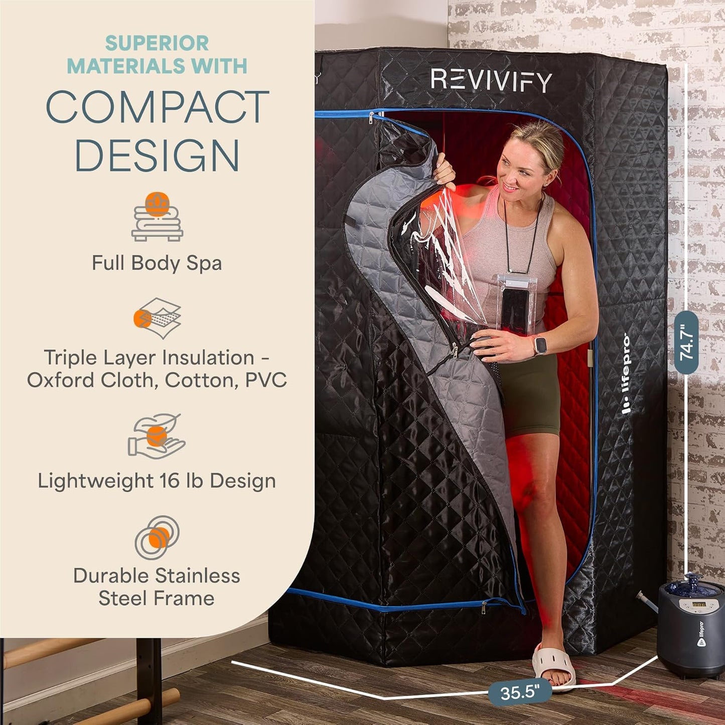 LifePro Revivify Deluxe Sauna with Red Light Therapy – Full Body Steam Room with 2.6L Steamer, Adjustable Heat Levels & Essential Oils – Easy-to-Use Portable Infrared Sauna for Home