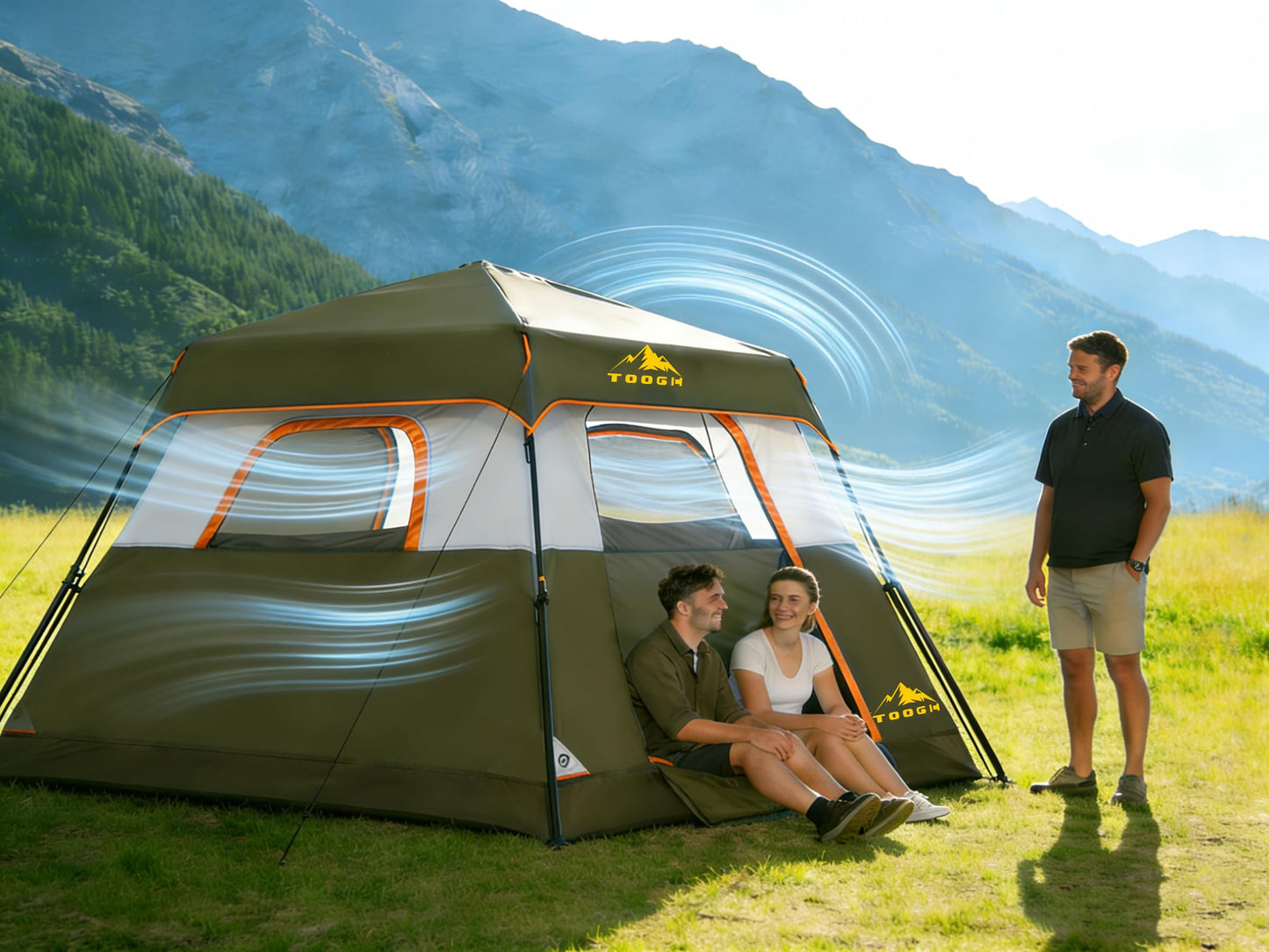 Toogh 3/4 Person Camping Tent with 1 Door, 4 Windows, and Upgraded Ventilation– Instant Setup, Waterproof, 8'x 8'x 67''Oxford Fabric Floor Pop Up in 60 Seconds Includes Rainfly and Backpack