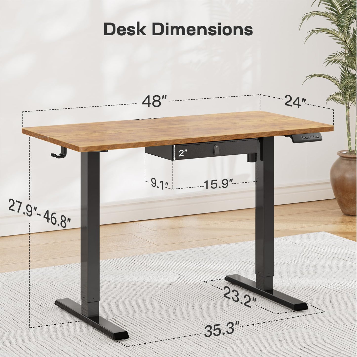 Marsail 48x24 Electric Standing Desk with Drawer, Computer Desk, Sit Stand Office Table with Storage & Hooks & Cable Management, Ergonomic Height Adjustable Table for Home Office, Brown