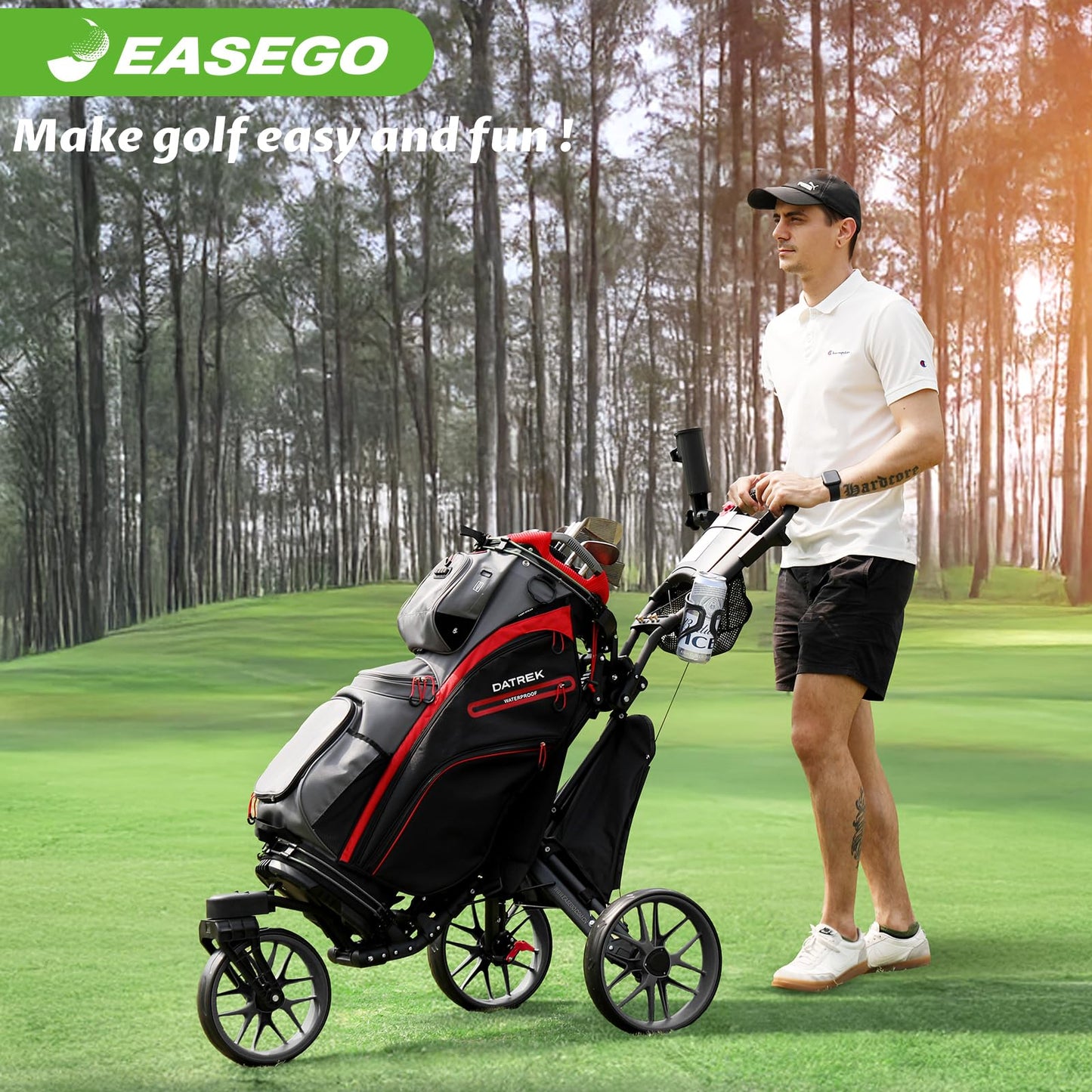 EASEGO Golf Push Cart 3 Wheel : 360° Swivel Front Wheels with Phone Holder/Cup Holder/Umbrella Holder/Foot Brake Quick Fold Golf Walking Push Pull Carts All-Terrain Golf Caddy Carts(Black)