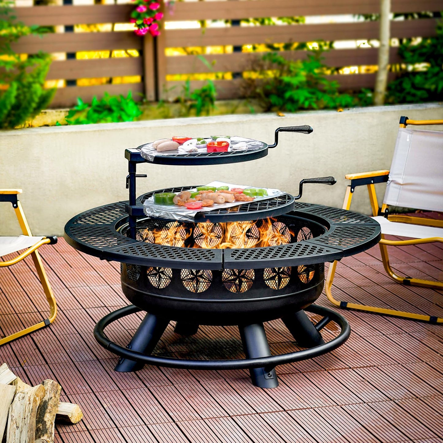 36 Inch Fire Pit with 2 Cooking Grills,Outdoor Wood Burning BBQ Firepit with Lid, 3-in-1 Outdoor Fire Pit for Backyard Deck Bonfire Patio Picnic(Black)