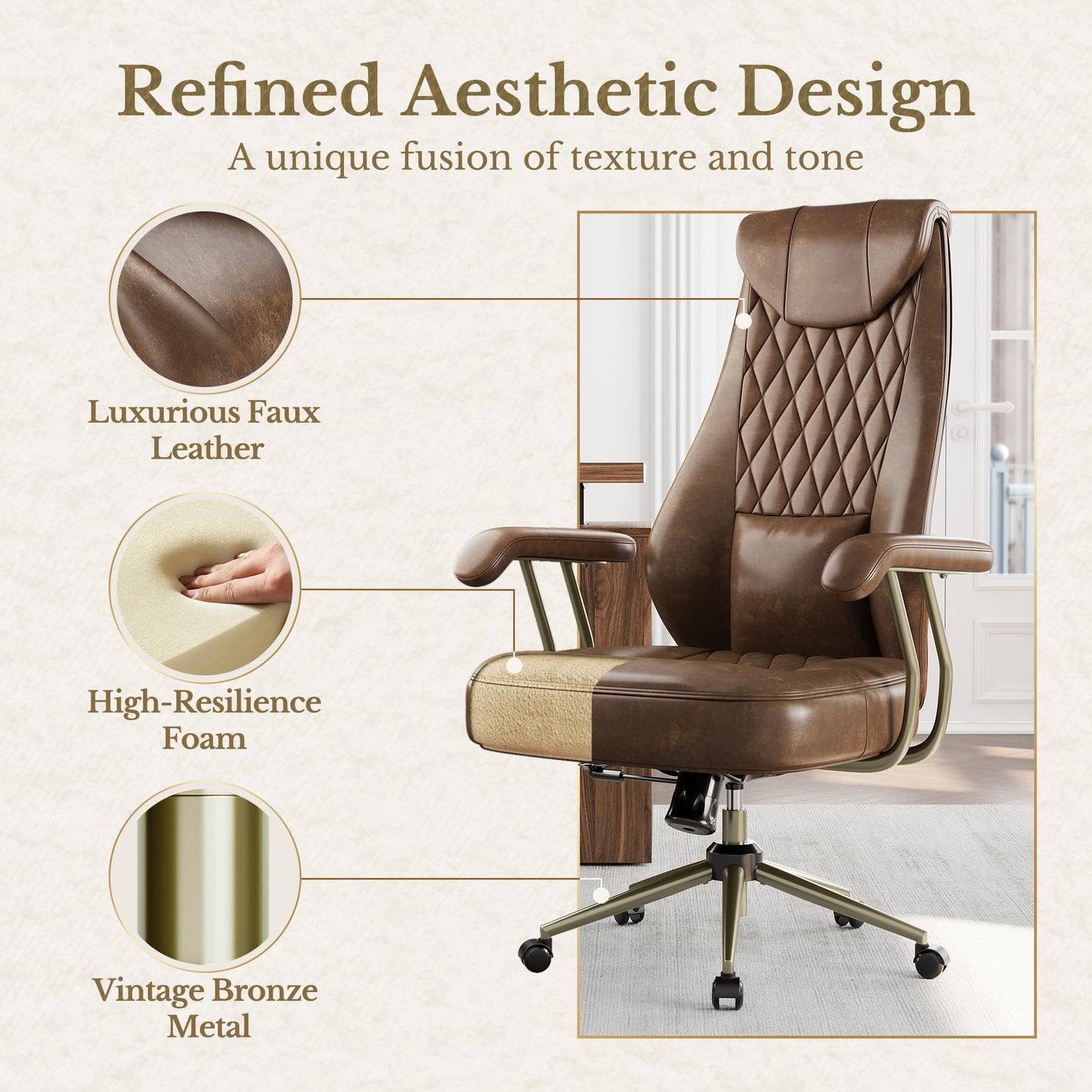 Perledesign High Back Executive Office Chair with Integrated Headrest & Lumbar Support - Ergonomic PU Leather Desk Chair, Adjustable Swivel Computer Chair with Recline Function for Home Office, Brown