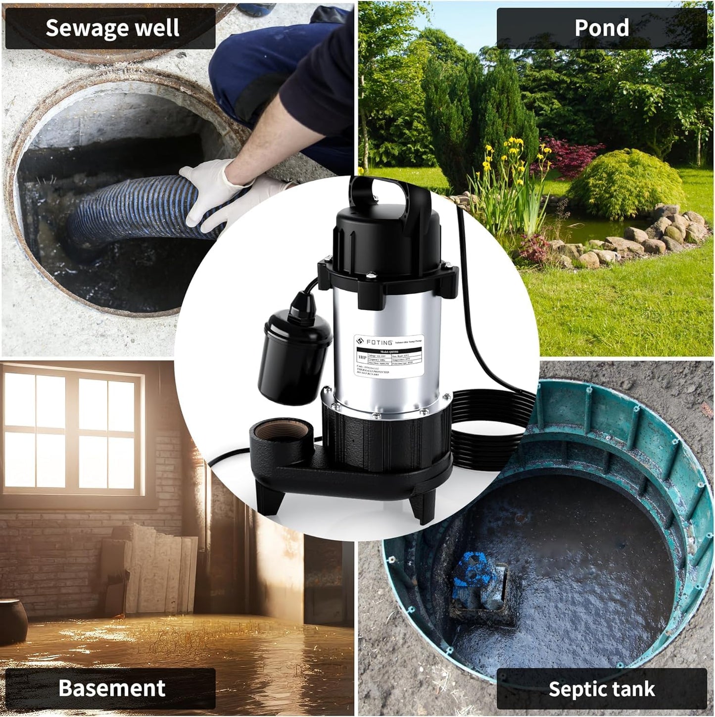 FOTING Sump Pump Submersible Sewage/Effluent Pump - Heavy Duty Cast Iron - 115V Septic Pump for Sump Basin/Residential/Sewage/Basement, 1HP 5600 GPH Sewage Pumps 2'' NPT