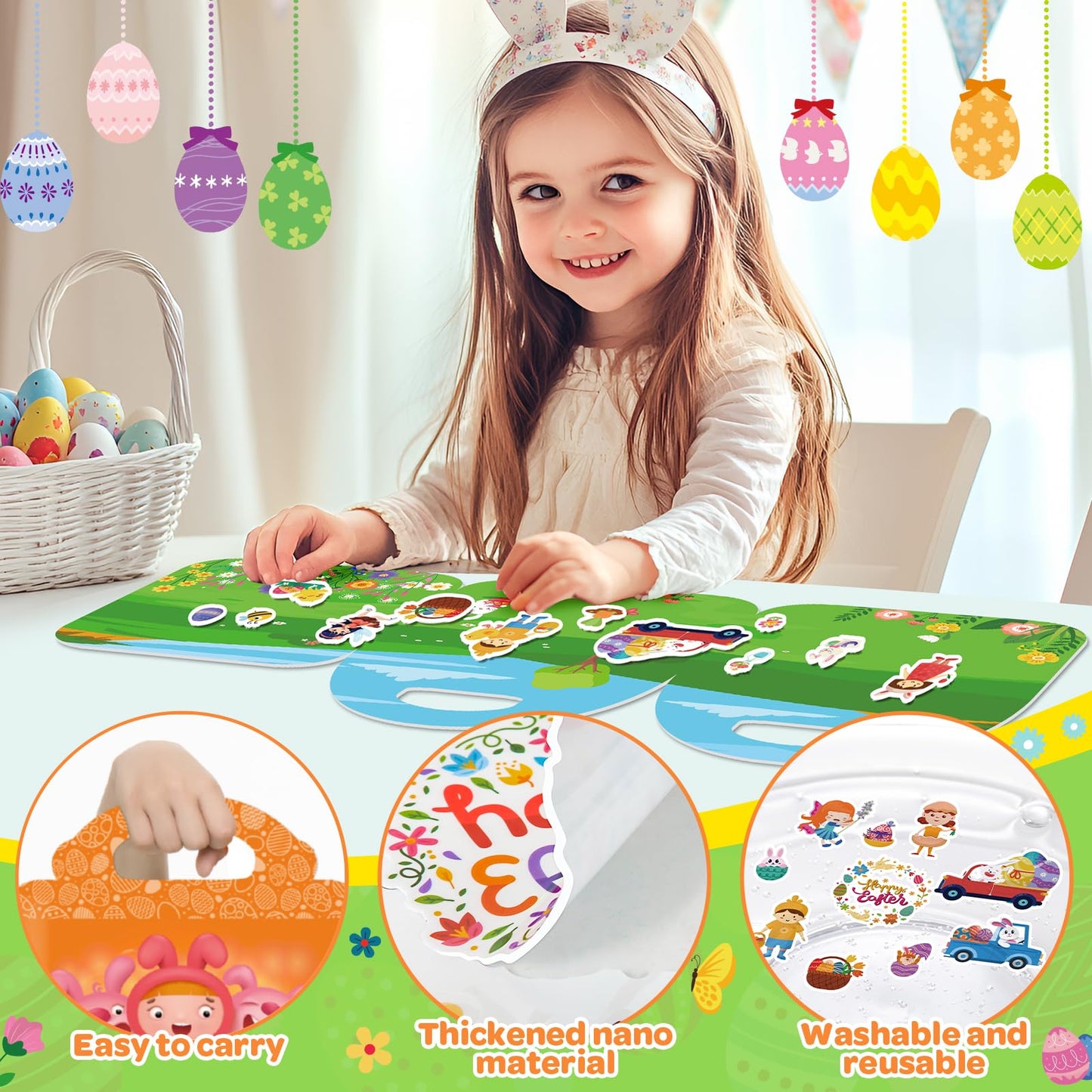 4 Sets Easter Reusable Sticker Books for Kids 2-4, Activities Books for Toddlers 1-3, Arts and Crafts Removable Jelly Stickers for Girls Boys, Travel Toys Holiday Gifts Easter Basket Stuffers
