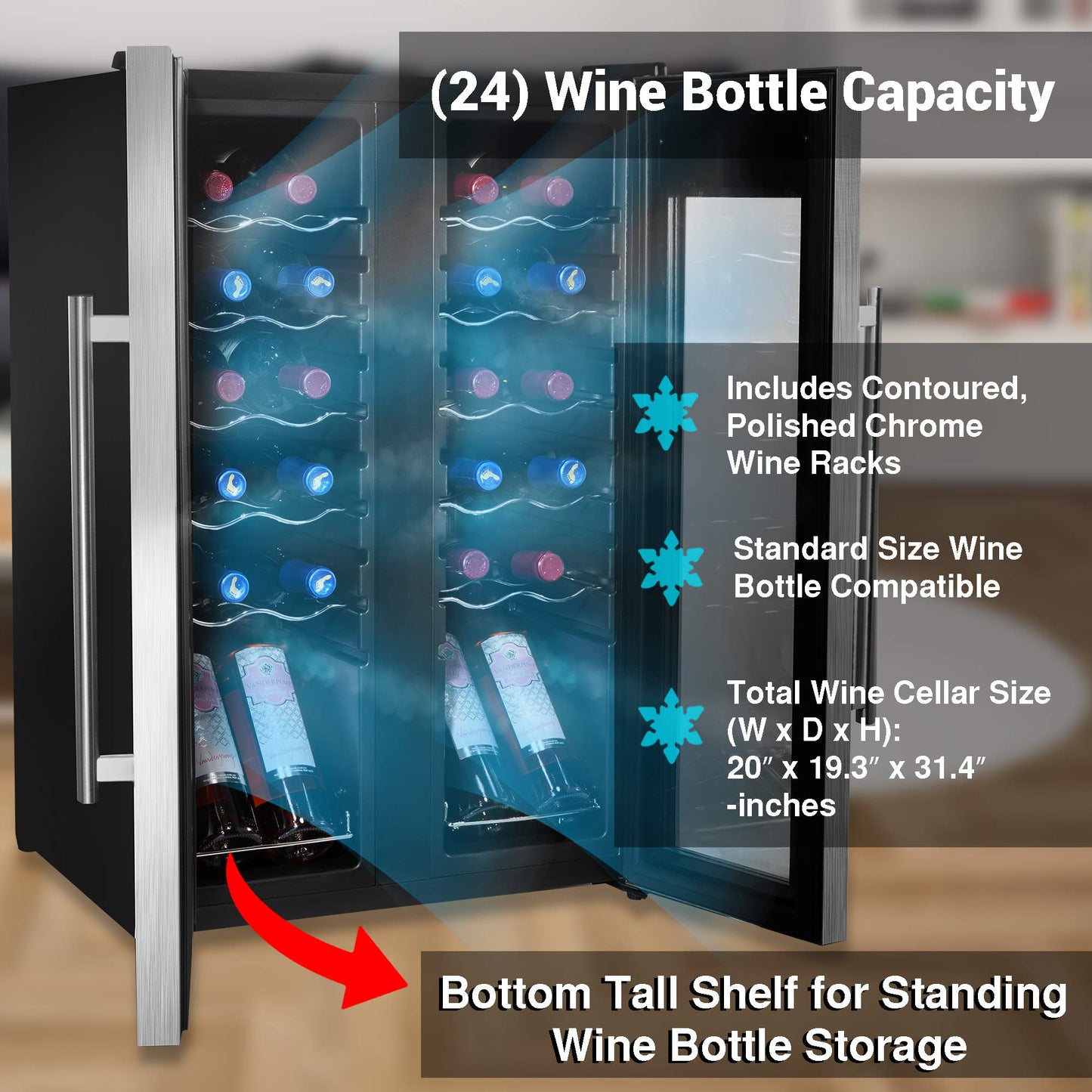 NutriChef 24-Bottle Wine Fridge – Dual Zone Cooler for Red & White Wines, 41°F–64°F Temp Control, Ultra-Quiet, Fits Home, Office, or Kitchen Counters – 31x19x20 in.