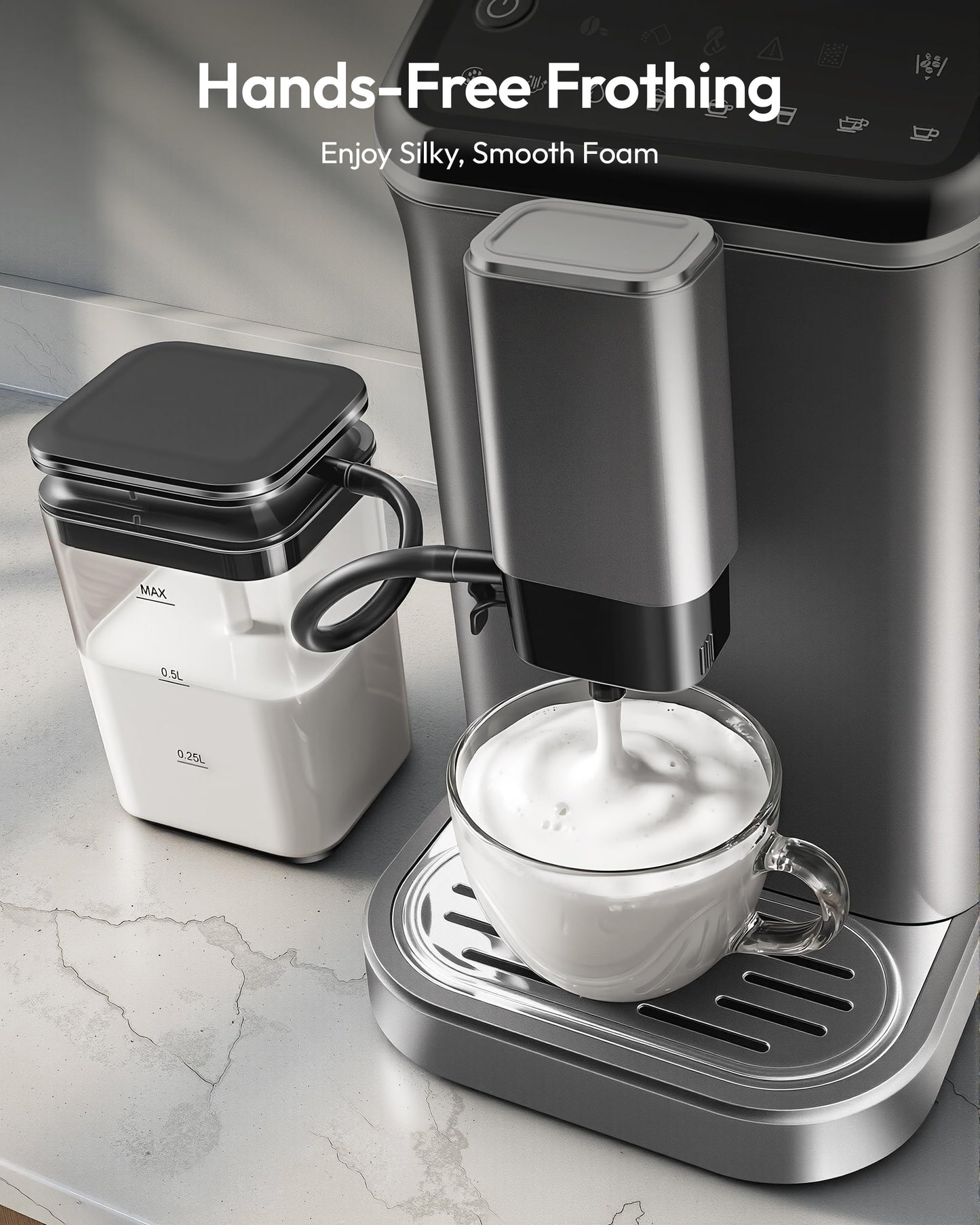 Fully Automatic Espresso Machine, 20 Bar Coffee Maker with Grinder and Integrated Milk Frother, Automatic Espresso Machine with Touch Screen, 15-Grind Settings Coffee Machine for Home, Silver
