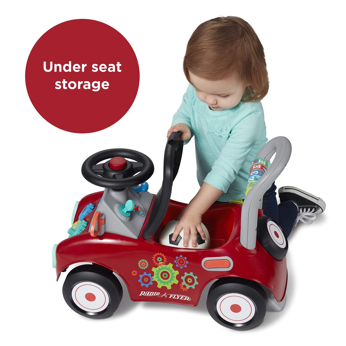 Radio Flyer Busy Buggy, for Toddlers 1-3, 3-in-1 Push Walker Ride On Car with 17 Sensory Activities, Anti-Tip Feature, Under-Seat Storage, Horn and Gears, 42 lb Capacity, Toddler Ride On Toys
