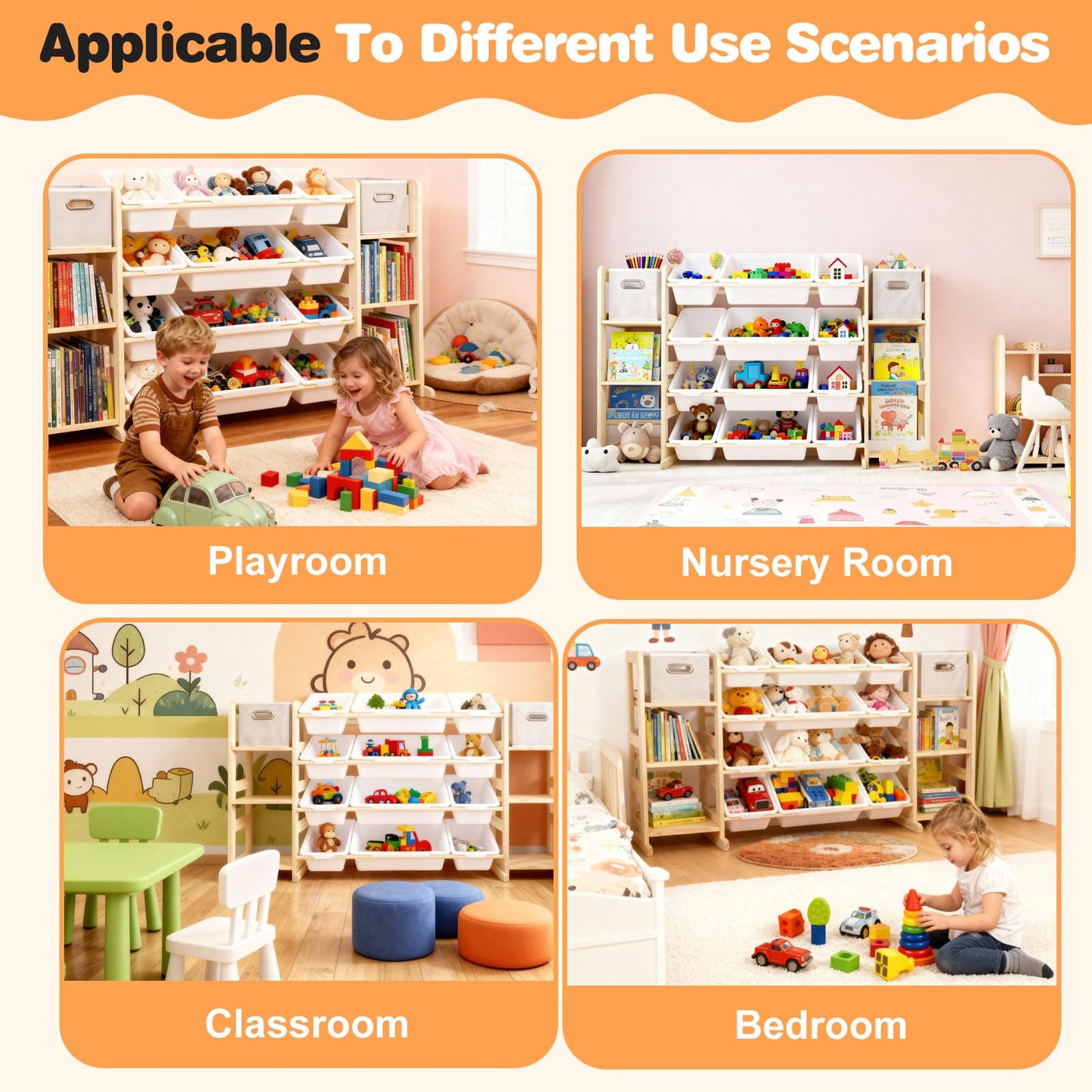 MICZG Extra Large Toy Storage Organizer for Kids - 3-in-1 Wooden Bookshelf with 6 Shelves, 12 Bins + Free 2 Storage Boxes, Anti-Tip for Playroom/Nursery