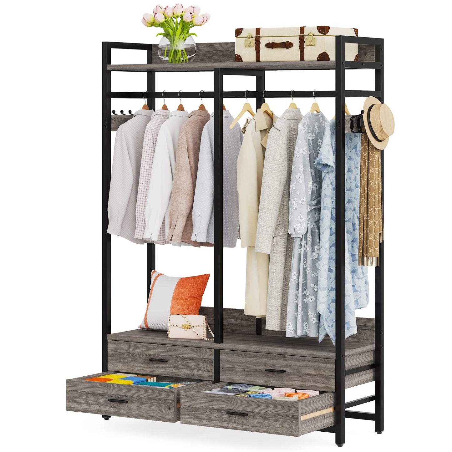 LITTLE TREE Clothes Rack, Heavy Duty Garment Rack with 4 Drawers, 8 Hooks and Storage Shelves, Wardrobe Closet Storage Rack for Bedroom, Living Room, Grey