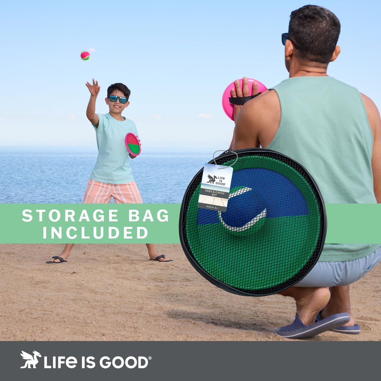 Life is Good Toss and Catch Ball Set (Green/Blue), Family Outdoor Games with 2 Paddles, 2 Balls & 1 Carry Bag, No-Setup 2-Player Paddle Game for Beach, Backyard, Park & Travel Fun