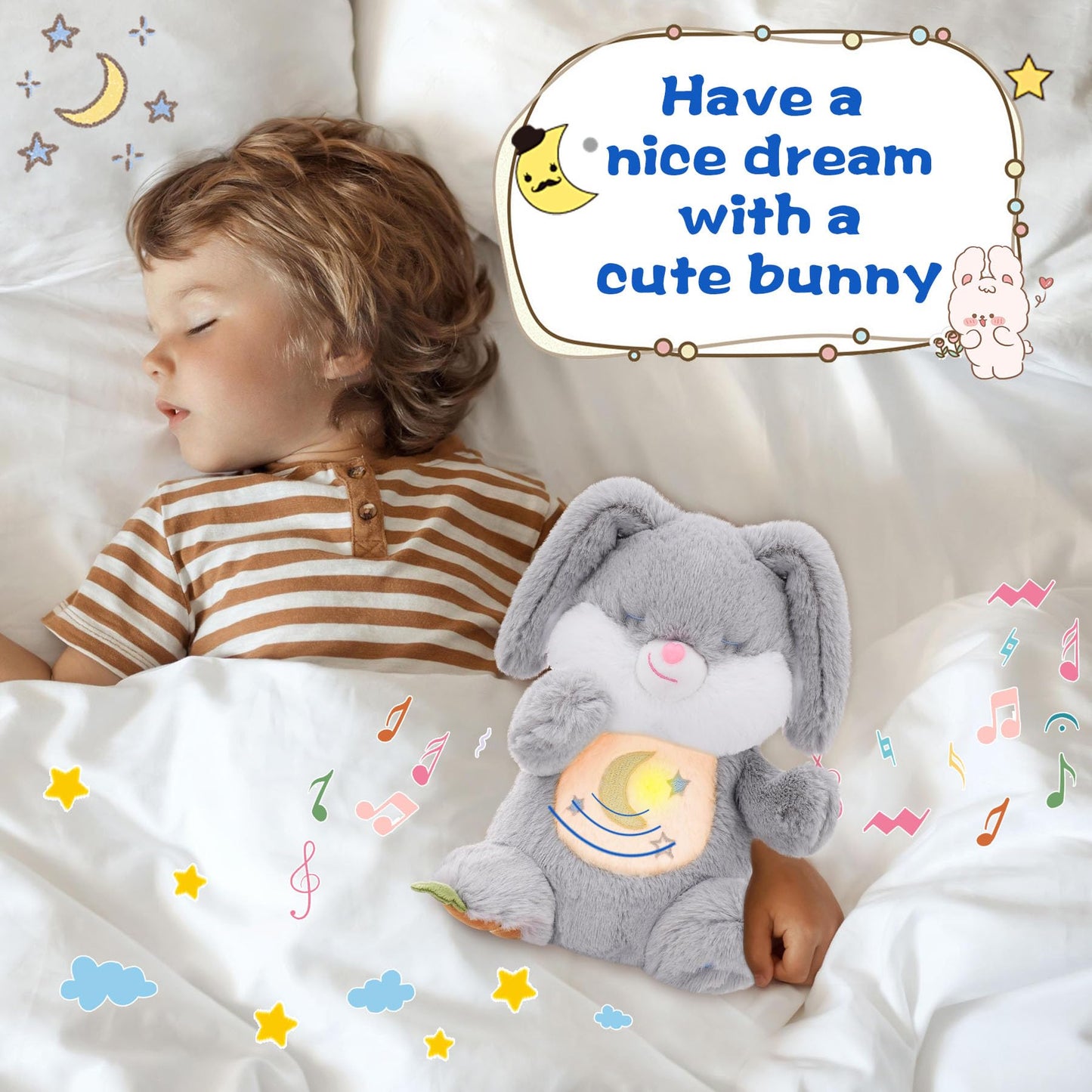MIAODAM Soothing Cuddle Plush Toy, Breathing Stuffed Animal Bunny Plush with Realistic Breathing Action and Relaxing Music, for Babies and Toddlers, Hugging Plush for Emotional Comfort