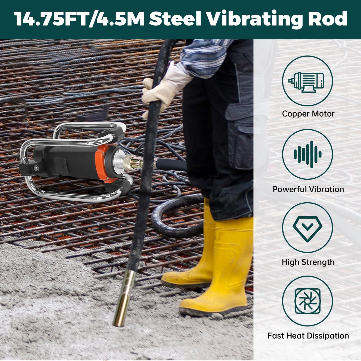 Vohala Concrete Vibrating Tool, 2.6HP 2000W 18,000 RPM Electric Concrete Vibrator Handheld, Portable Construction Insertion Vibrator with 14.75ft Shaft, Ideal for Removing Air Pockets & Smoothing