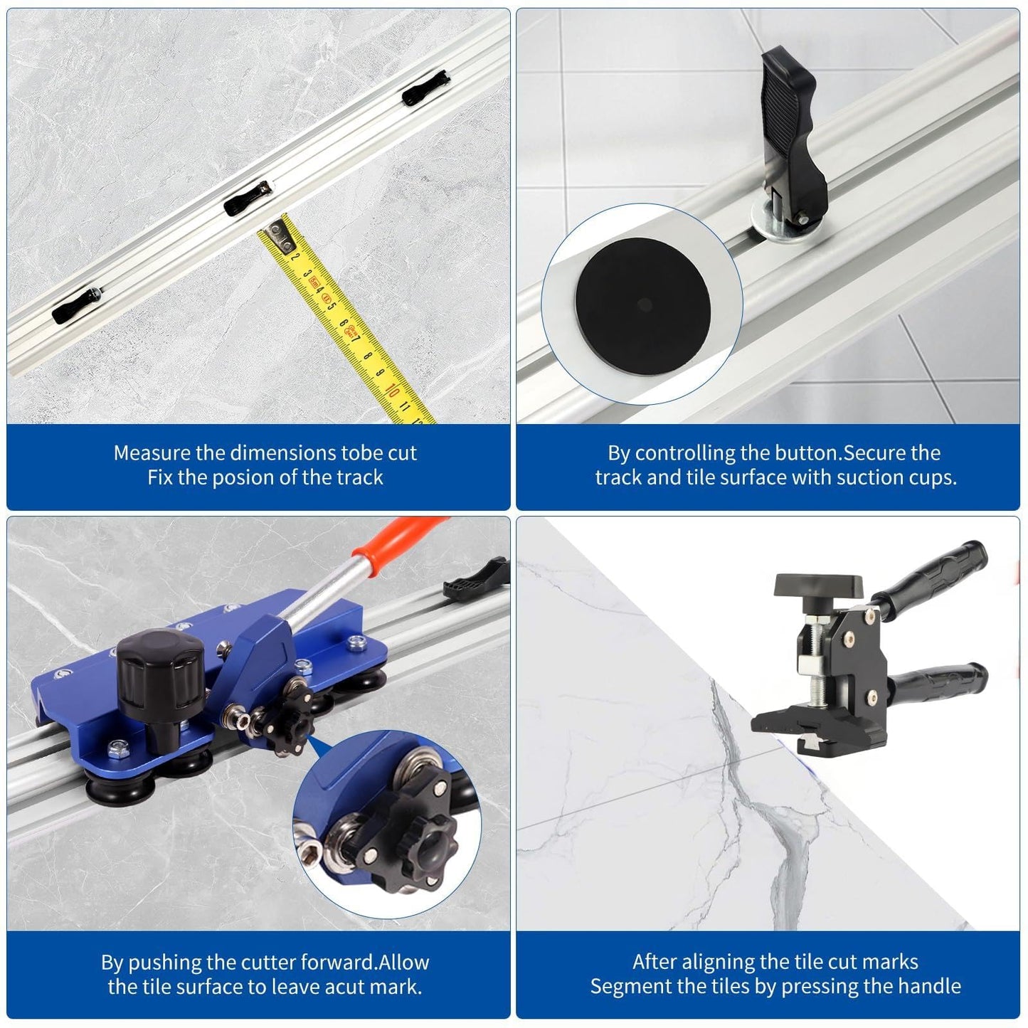 110" Professional Large Format Manual Tile Cutter with Built-in Suction Cups & Tile Pliers, 3 Push Knives – Cuts Porcelain, Ceramic & Stone Tiles up to 4.7" Thick (Blue)