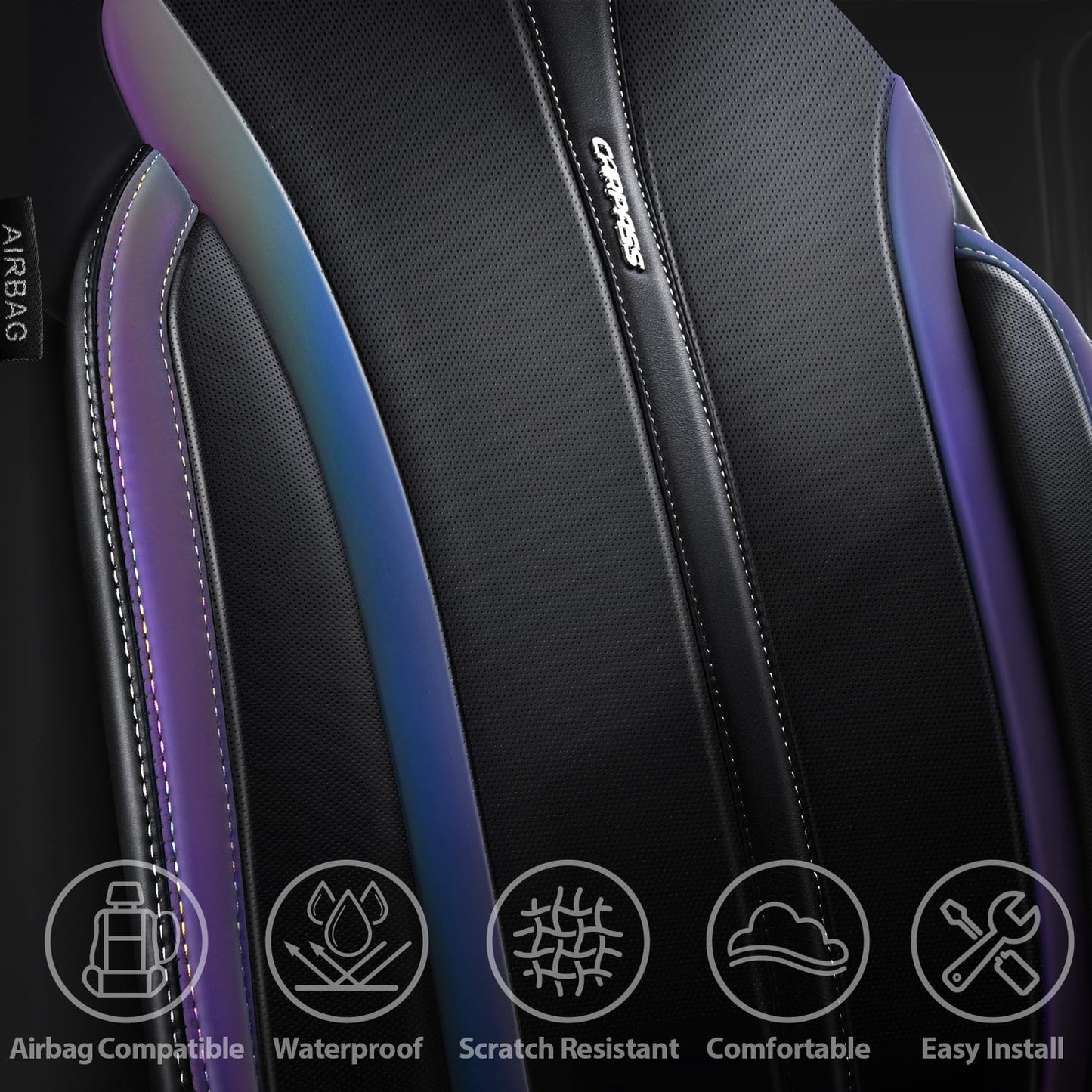 CAR PASS Nappa Leather Car Seat Covers, Durable Waterproof Luxury Universal for SUV Pick-up Truck Sedan, Anti-Slip Driver 5 Seats Covers Full Set with Backrest (Black Chameleon Iridescent Reflective)