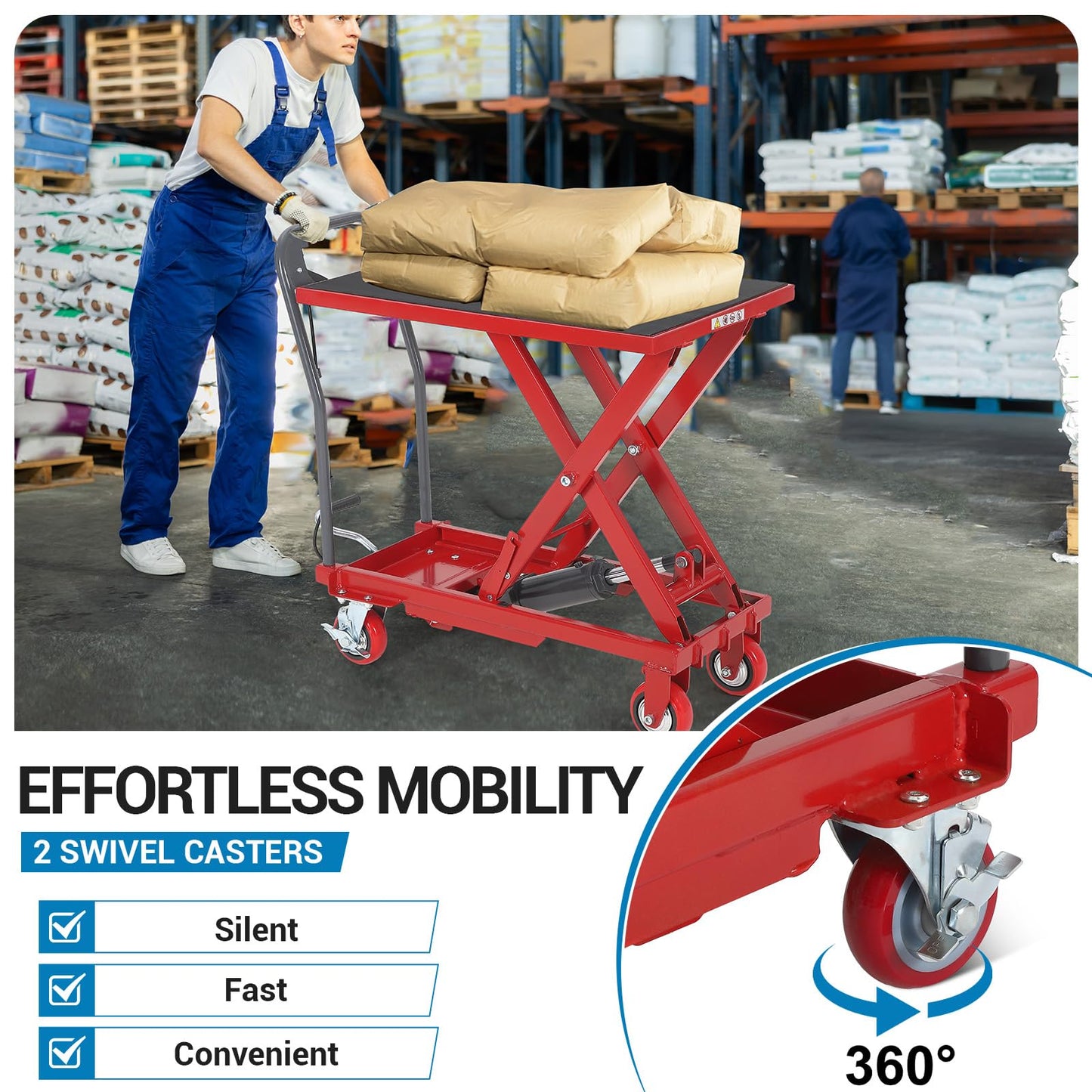 Hydraulic Lift Table Cart, 330lbs Capacity 28.5" Lifting Height Hydraulic Table Cart, Single Scissor Lift Table with Non-Slip Pad for Material Handling and Transportation, Red