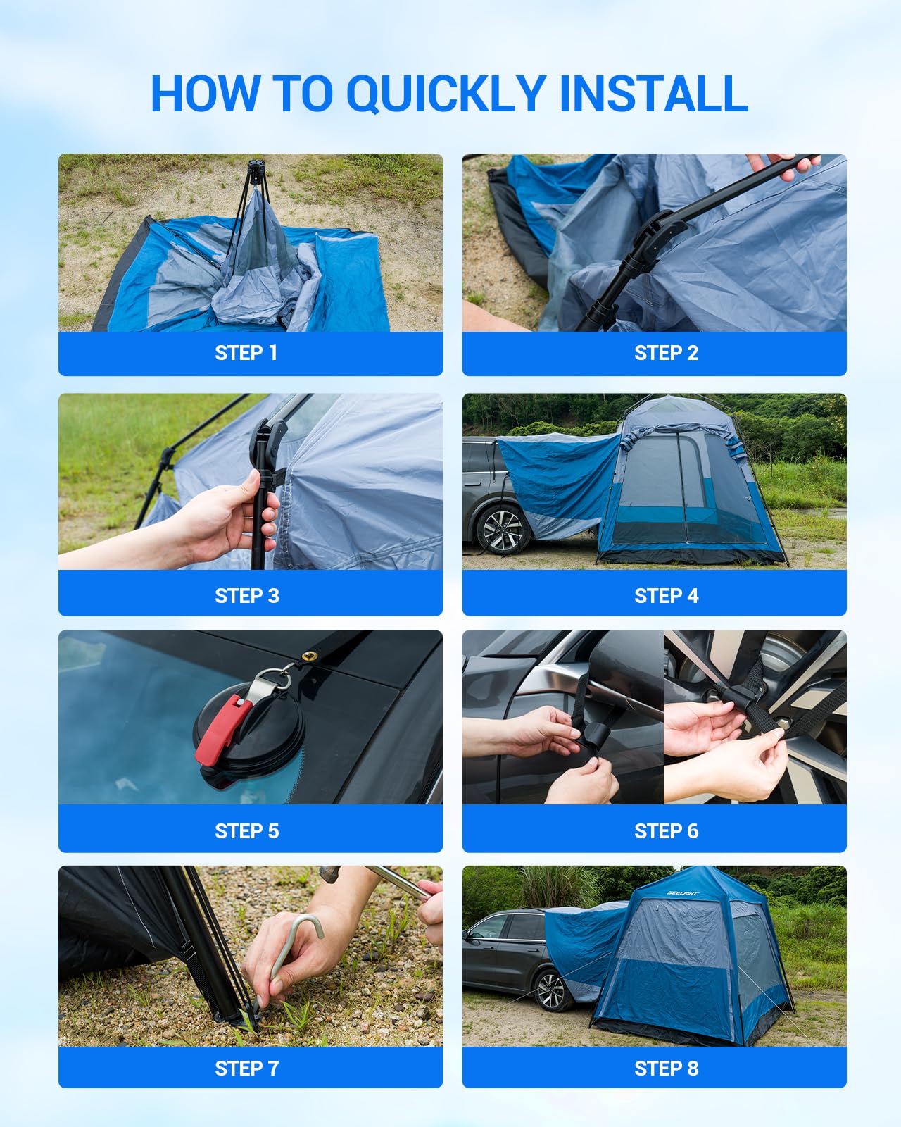 SEALIGHT SUV Tent for Camping 6 Person Pop Up Tent Double Layer PU3000mm Waterproof Car Camping Tent with Rainfly and Storage Bag，Weather Resistant SUV Tailgate Tent，10FT L x 8FT W x 7.2FT H Blue