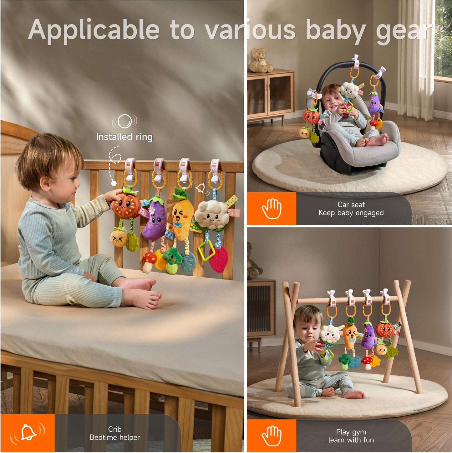 TUMAMA Hanging Vegetable Plush Toy Set, 4 Different Vegetable Crib Stroller Toys, Early Baby Cognitive Sensory Rattle Hanging Toy with Teether. Suitable for Babies 0, 3, 6, 9, 12 Months