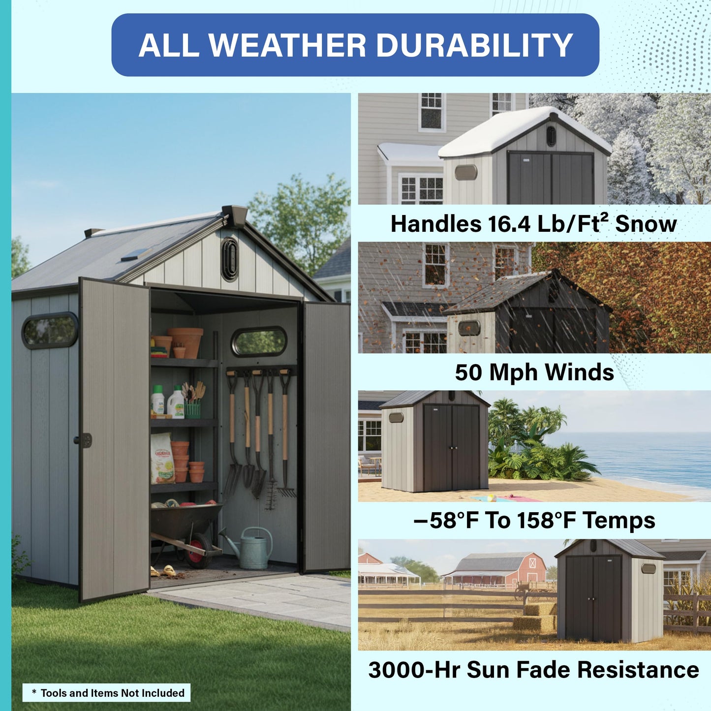 Plexalife 6×4 Heavy-Duty Outdoor Resin Plastic Storage Shed for Garden, Backyard, Patio, Lawn, with Windows, Double Doors, Ventilation and Solar Lighting, Weatherproof, Light Grey